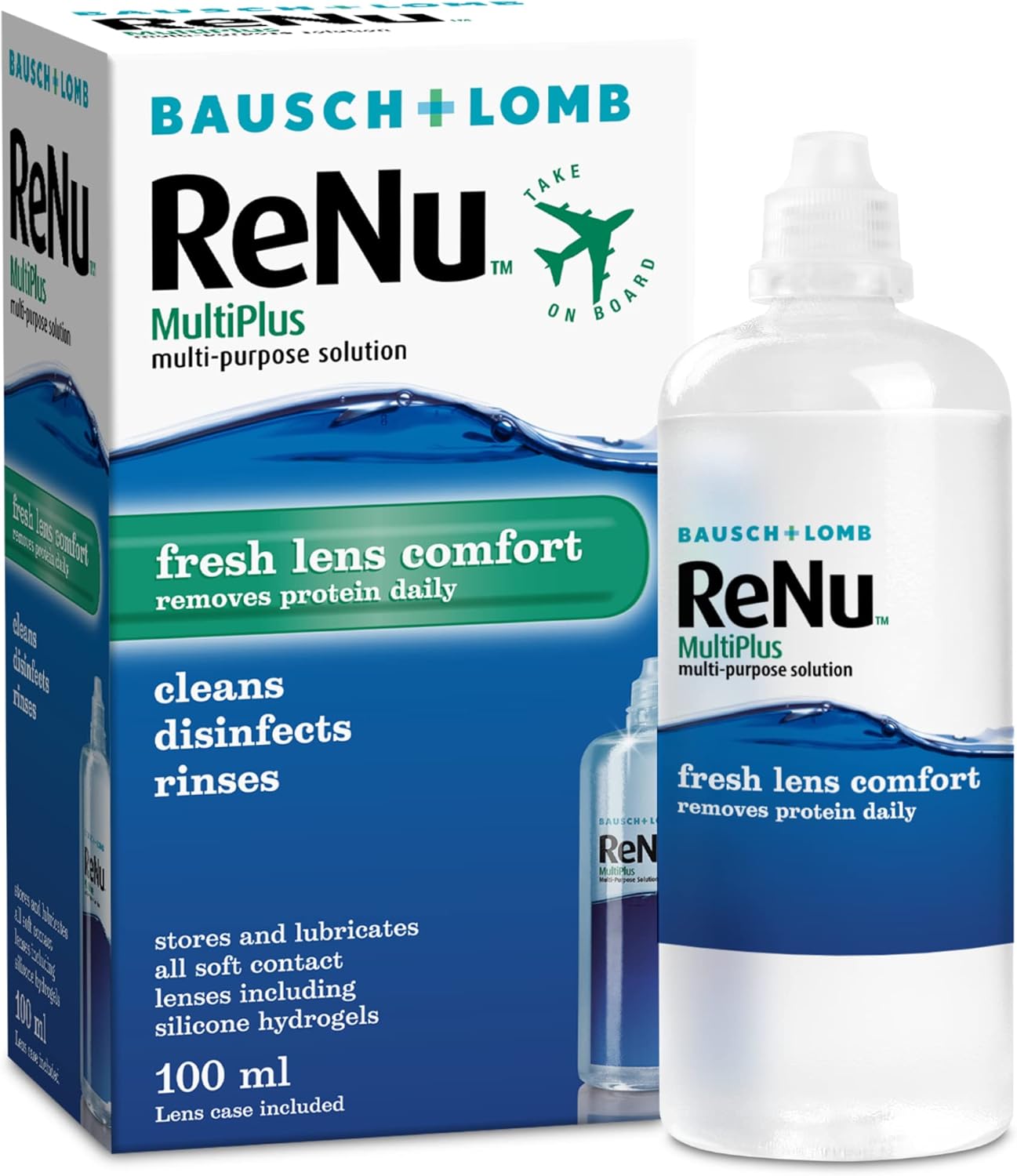 ReNu MultiPlus Multi-Purpose Travel Contact Lens Solution, 100ml Flight Pack, for Soft Contact Lenses, Moisturise, Remove Protein, Clean, Disinfect, Lubricate, Rinse and Store, Lens Case Included