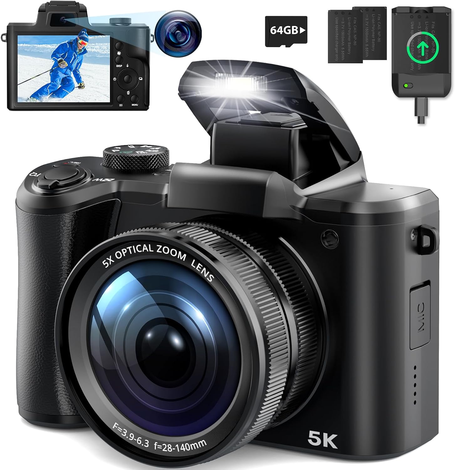 5K Digital Camera for Photography, Newest 64MP Autofocus Vlogging Camera for YouTube with Front and Rear Lens, 5X Optical Zoom Compact Travel Camera with 3.2 inch Touch Screen, 64GB Card(Black)