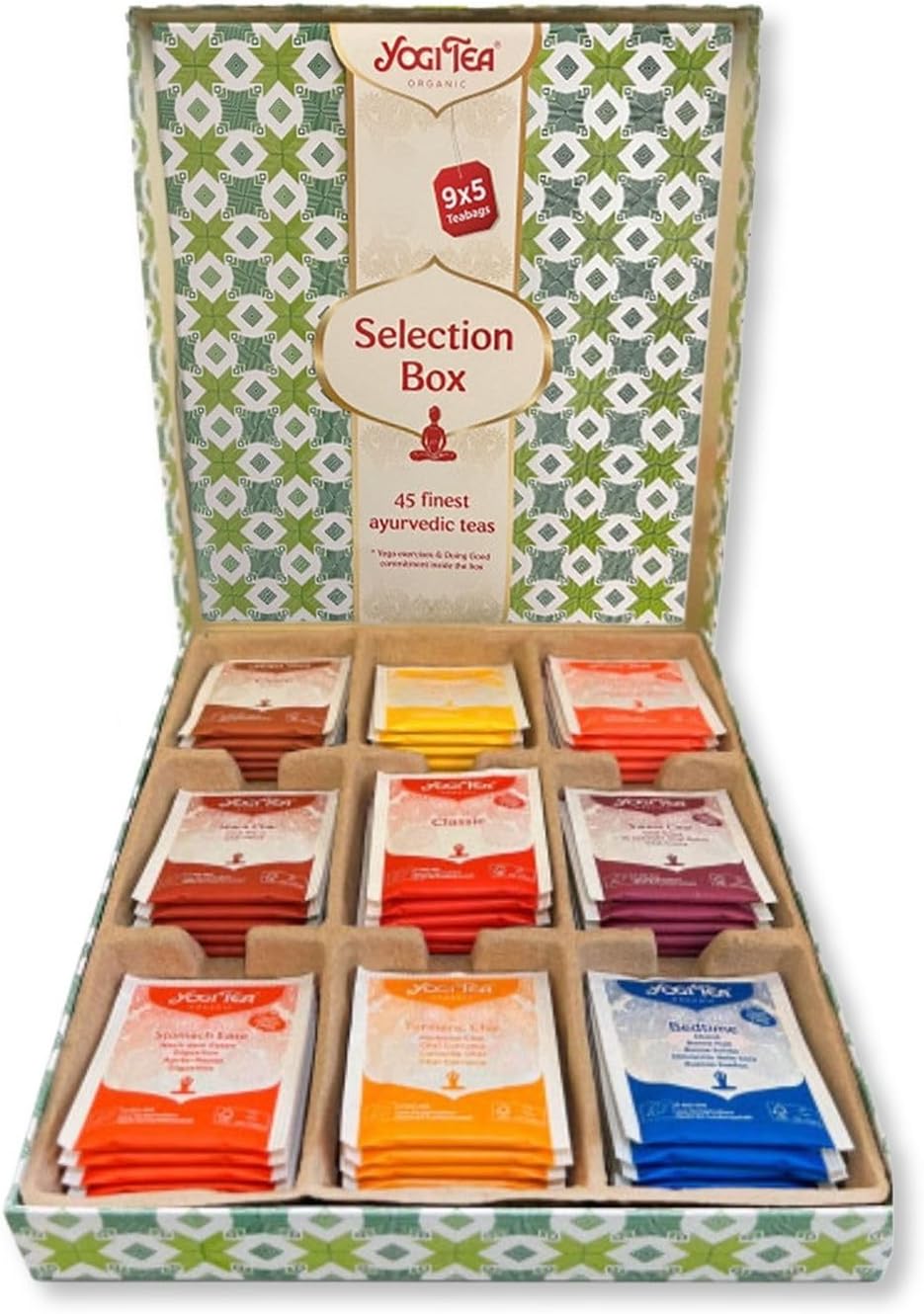 Yogi Tea Selection Box - 45 tea bags total - Herbal Tea Selection Box, flavours include Choco, Ginger Lemon, Heartwarming, Maca Chai, Classic, Sweet Chai's, Stomach Ease, Turmeric & Bedtime