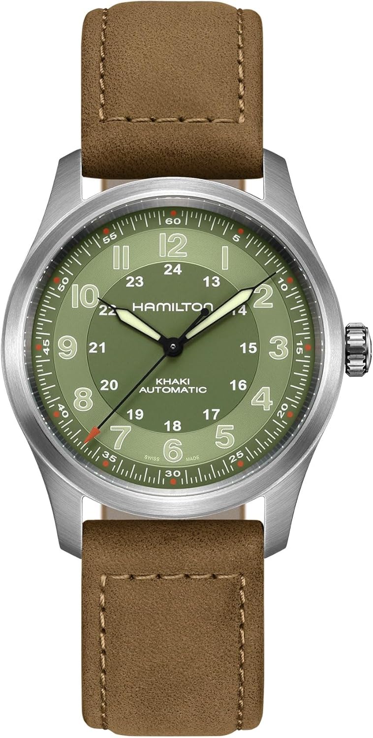 Hamilton Watch Khaki Field Titanium Auto | Swiss Made | 38mm Titanium Case | Green Dial Analog Watch | Brown Leather Strap (Model: H70205860)
