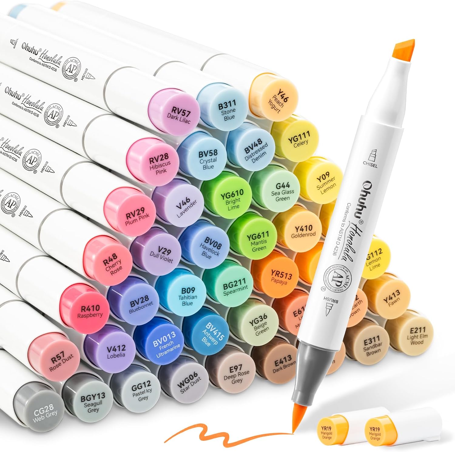 Ohuhu Alcohol Brush Markers 48 Mid-tone Colors - AP Certificated Double Tipped Alcohol Based Art Marker Set for Artist Adults Coloring Illustration - Honolulu Brush & Chisel Dual Tips - Refillable