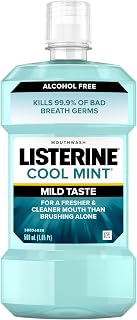 Listerine Mouthwash, Zero Alcohol, Germ Killing, Less Intense Formula, Bad Breath Treatment, Alcohol Free Mouth Wash for Adults; Cool Mint Flavor, 500 mL, 6 Pack