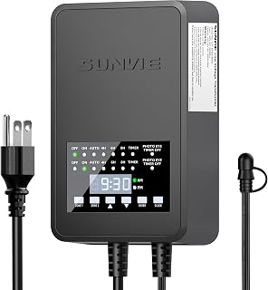 SUNVIE 300W Low Voltage Landscape Transformer with 2 Independent Control Output Landscape Lighting Transformer with Timer and Photocell Sensor 120V AC to 12/14V AC Weatherproof Low Voltage Transformer