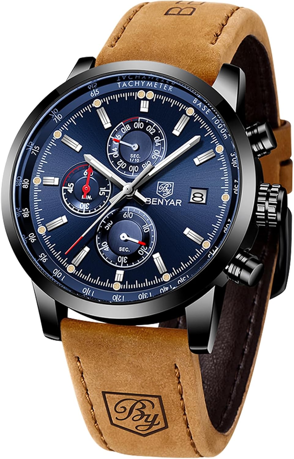 BENYAR Mens Watches Chronograph Analog Quartz Watch Silver Black Stainless Steel Watch for Men Stylish Business Sports Waterproof Wristwatch Elegant Gift Brown Leather Strap