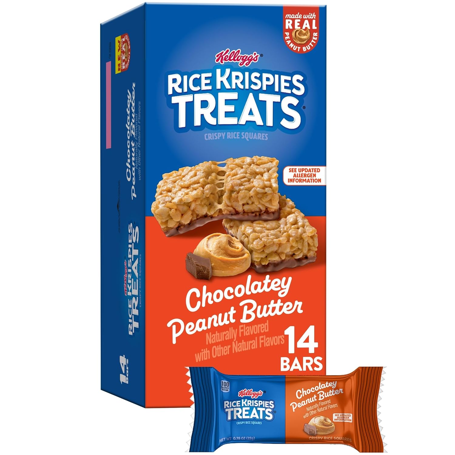 Rice Krispies Treats Crispy Marshmallow Squares, Kids Snacks, Cereal Bars, Chocolatey Peanut Butter, 10.8oz Box (14 Bars)