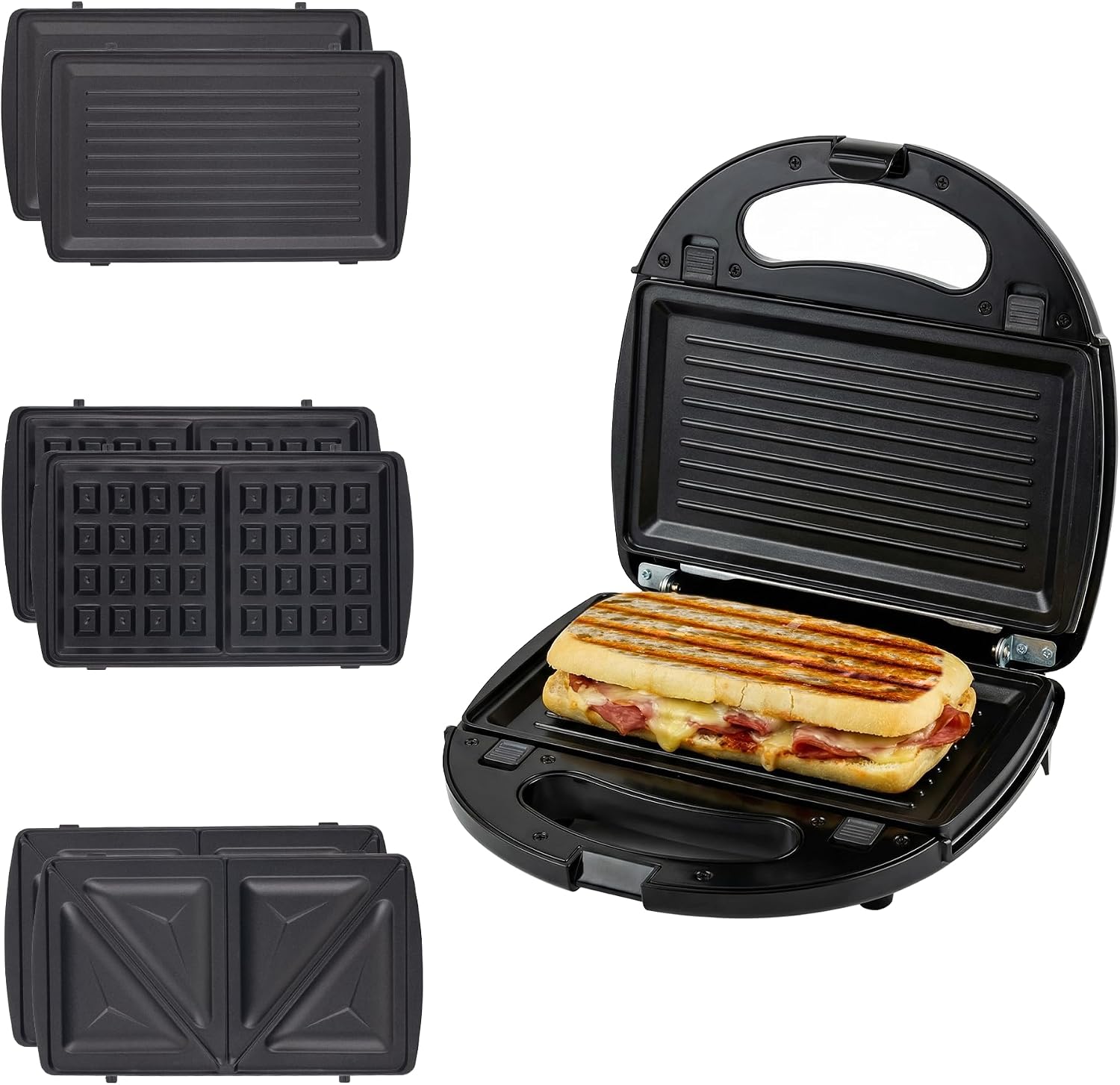 OVENTE 3 in 1 Electric Sandwich Maker, 750W Non-Stick Plates, Black GPI302B