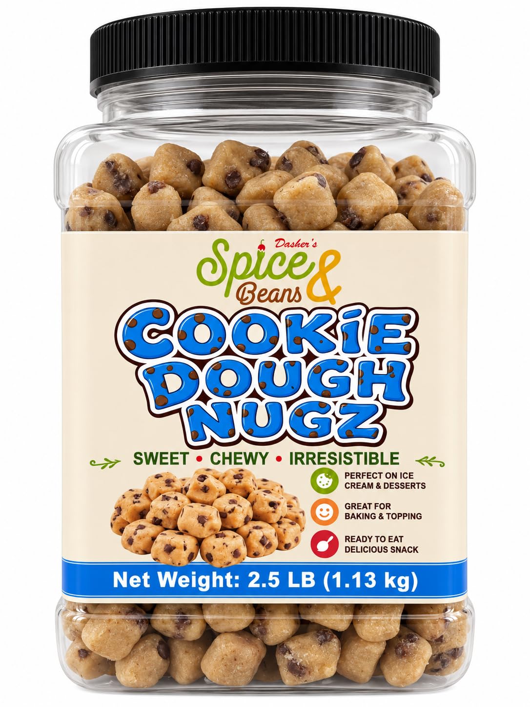 Cookie Dough Nugz 2.5 lb | Edible Chocolate Chip Cookie Dough Pieces | Ready-to-Eat Snack, Ice Cream Topping & Dessert Inclusion | Bulk Resealable Container Made in USA | Dasher's Spice & Beans