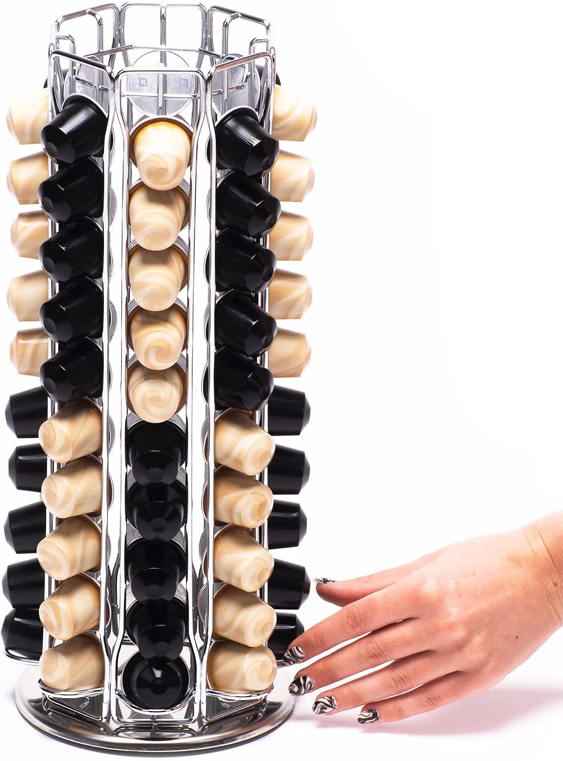 Peak Coffee Capsule Holder Stand for 80 Nespresso Original Line Pods | Revolving Tower Rack Dispenser for Storage & Organisation | Modern Chrome Finish | 360 Degree Revolving