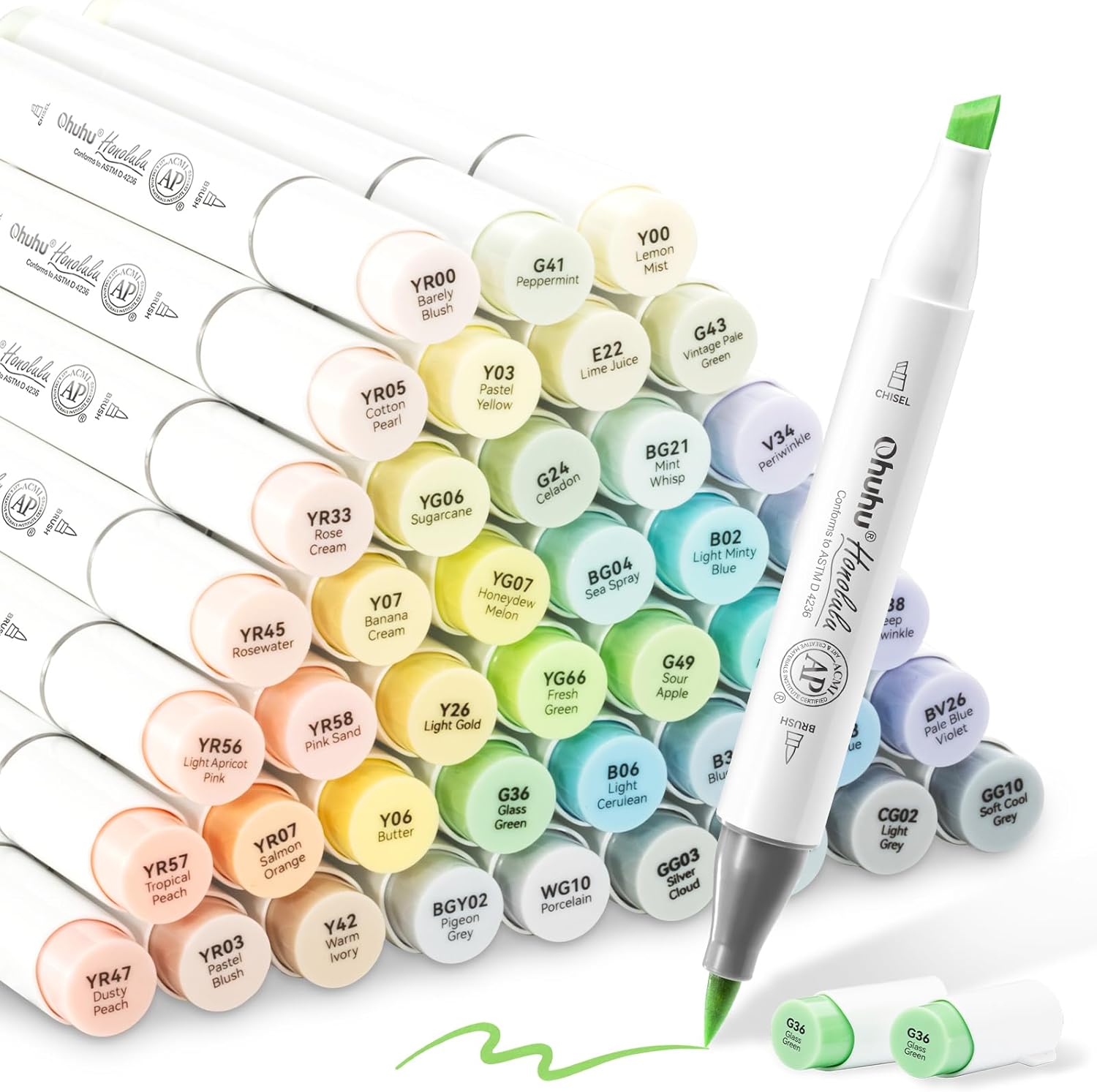 Ohuhu Colouring Pens 48 Pastel Colours Permanent Marker Pens Dual Tip Brush & Chisel Sketch Marker for Artist, Students, Brush Markers for Sketching, Adult Coloring Calligraphy Drawing
