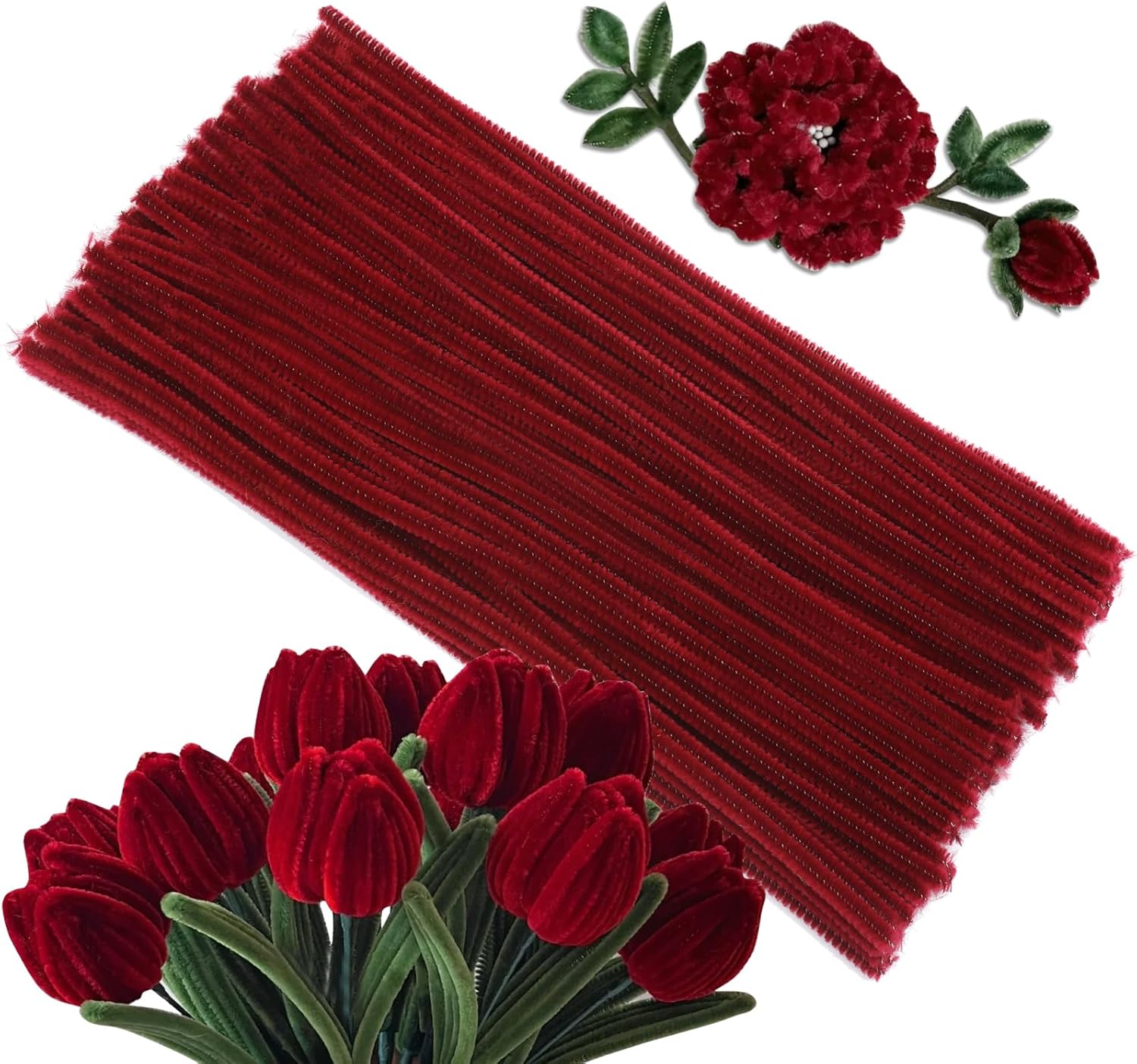Pipe Cleaners, 100Pcs Creative Crafting Pipe Cleaners Supplies for Flowers Making, Chenille Stems Supplies for DIY Hand Crafts, Bouquet Festivals Home Decorations/Wine Red