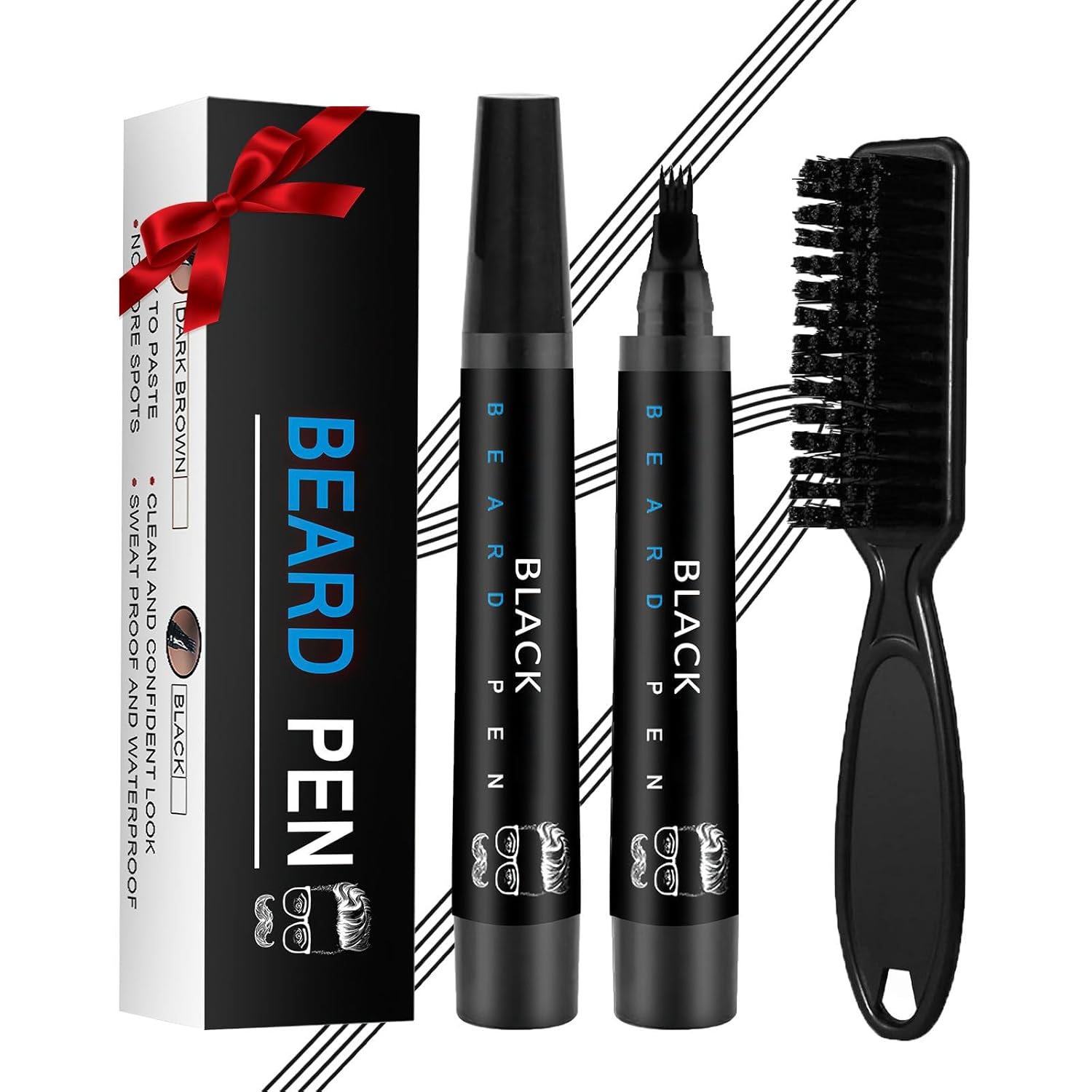 Beard Pencil Filler for Men - Beard Pen With Beard Brush, Waterproof Long-Lasting Beard Pencil Filler for Natural Looking Beard Mens Grooming Kit Fathers Day Gift for Dad from Daughter (Black)