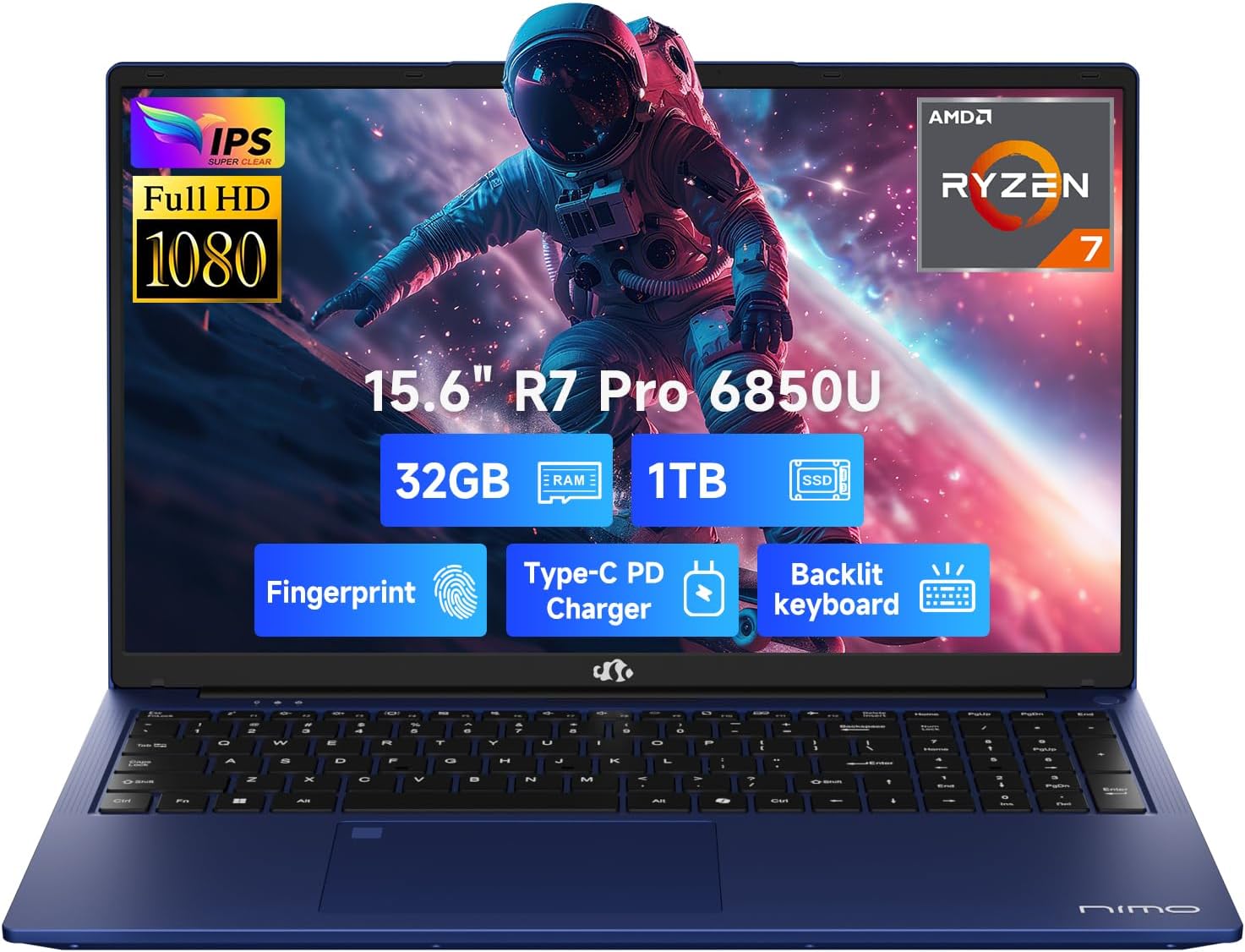 NIMO 15.6" FHD Light-Gaming-Laptop, 8 Cores AMD Ryzen 7 Pro 6850U 32GB LPDDR5 RAM 1TB SSD (Beat i7-1360P Up to 4.7GHz) GPU AMD Radeon 680M IPS Computer with 100W Type-C Backlit Keyboard Fingerprint