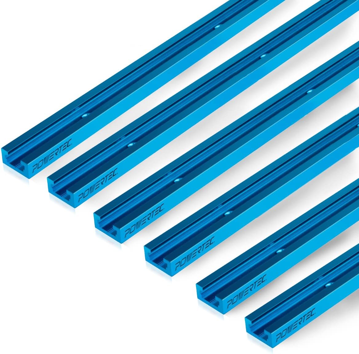 POWERTEC 71118-P3, 6 Pack, 24 Inch Double-Cut Profile Universal T-Track with Predrilled Mounting Holes, Aluminum T Track for Woodworking Jigs and Fixtures, Drill Press Table, Router Table, Workbench