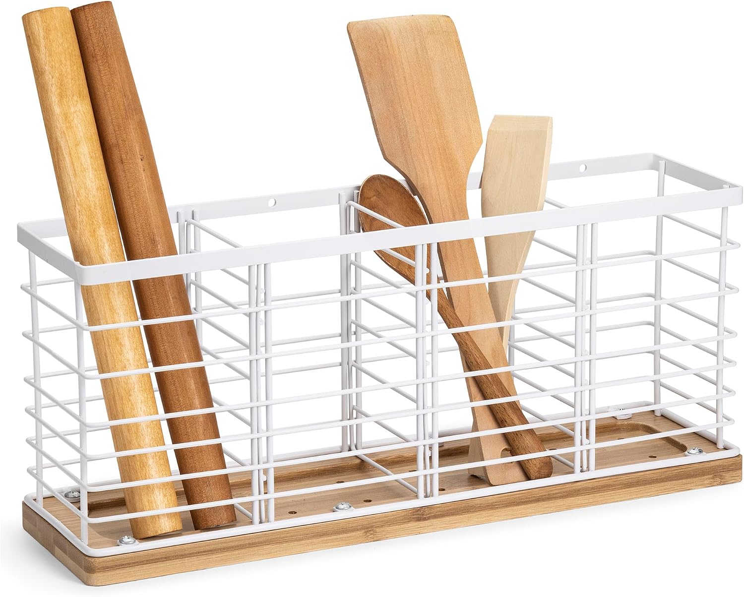 Lonian Large Kitchen Utensil Holder with Bamboo Base, 4 Compartments Metal Cooking Utensil Organizer for Kitchen Countertop or Wall Mounted, Rustic Utensil Crock Caddy