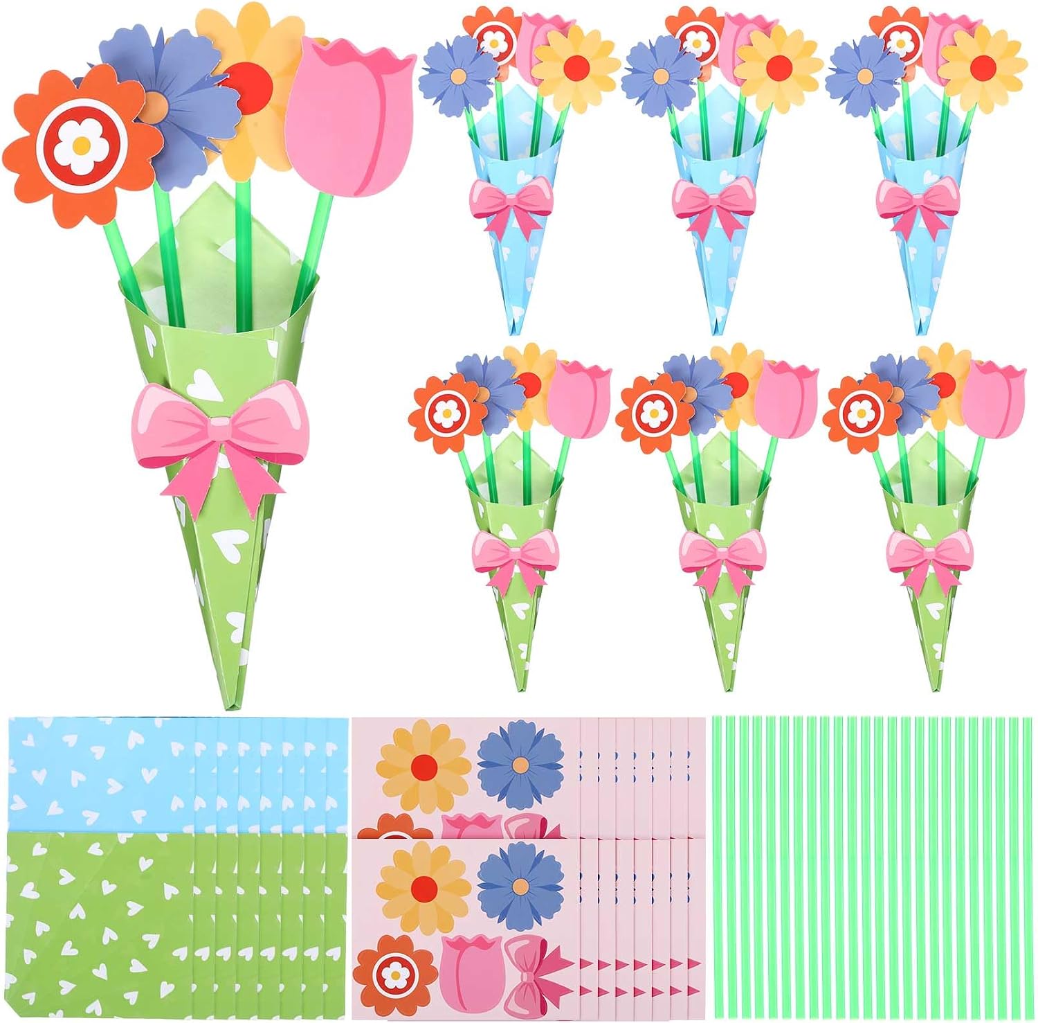 Motipuns 48 Sets Flower Bouquet Craft Kit Mother's Day Crafts for Kids Make Your Own Bunch of Flowers Teacher Appreciation Week DIY Thankful Gift Set School Classroom Home Fun Activities