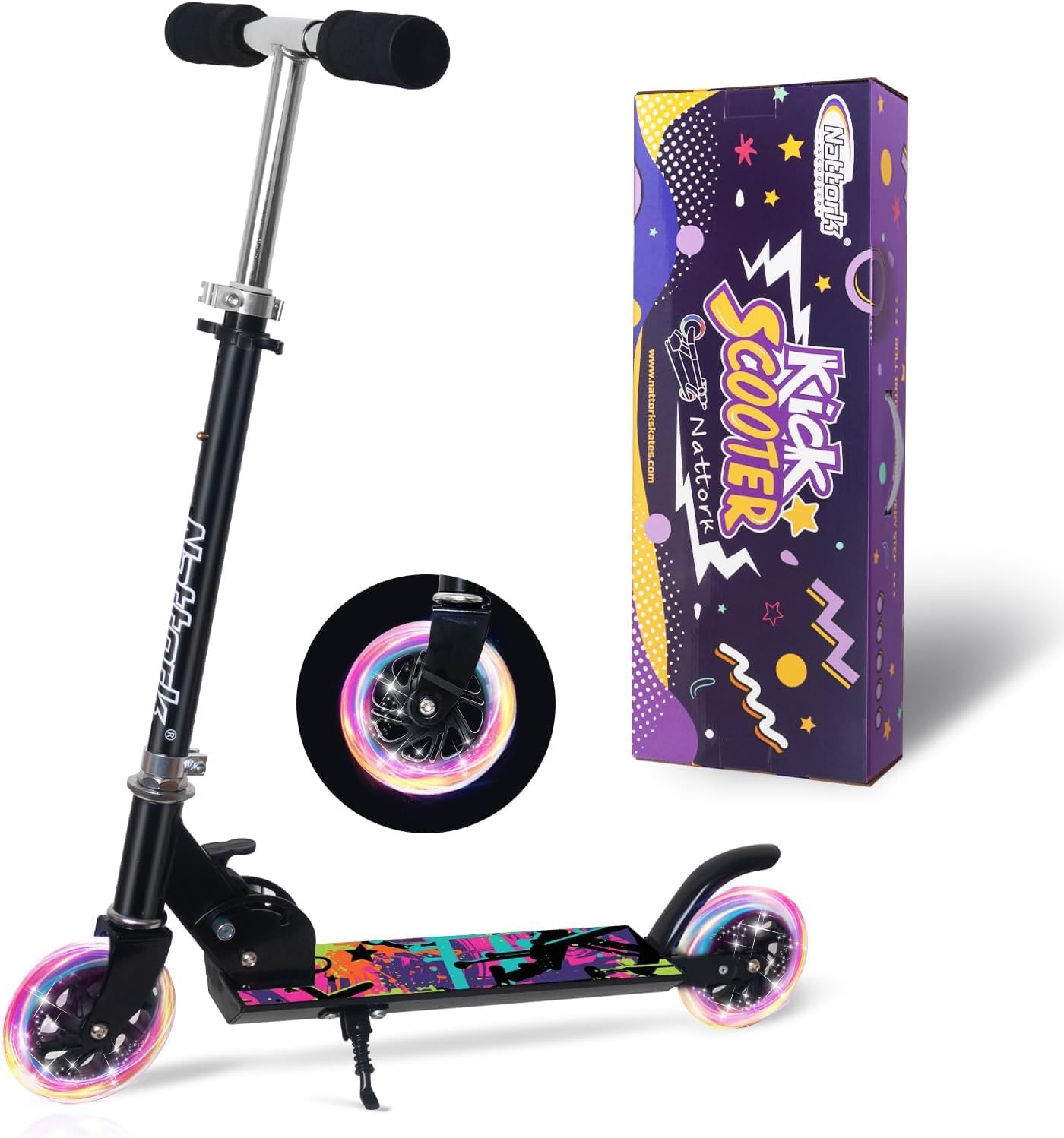 Nattork Scooter for Kids Ages 3-8 – Kick Kids Scooters for Boys Girls Light up Wheels Portable Lightweight Folding Design with Reducing System and Adjustable Height Handlebars and up to 110 Lbs