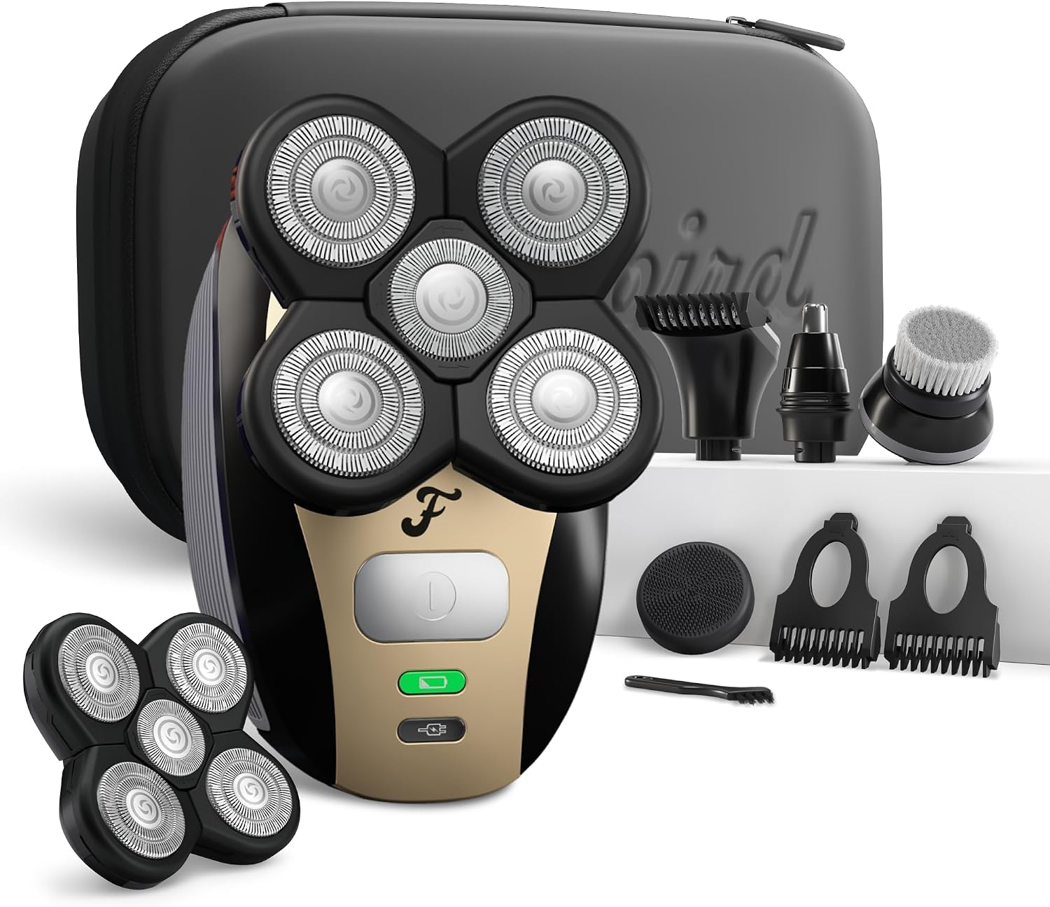 Freebird Electric Head & Body Hair Shaver - Mens Cordless Waterproof Razor with Rotary Blades (FlexSeries, Shaver Kit + Travel Case + Extra Blade)
