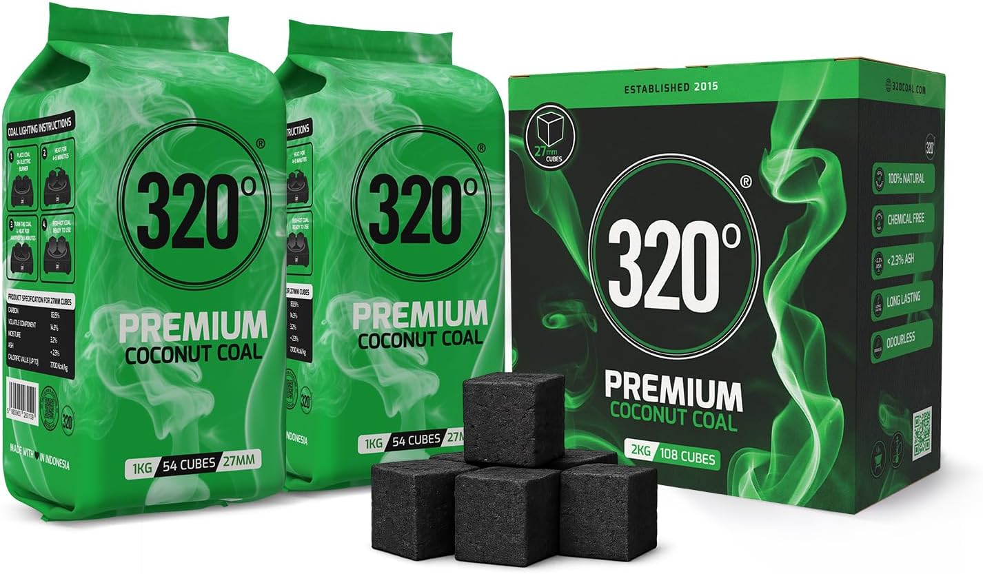 320° 2 kg Premium Hookah Shisha Coconut Charcoal Coal (27mm Cubes) for BBQ 2 kg - 104 Pieces