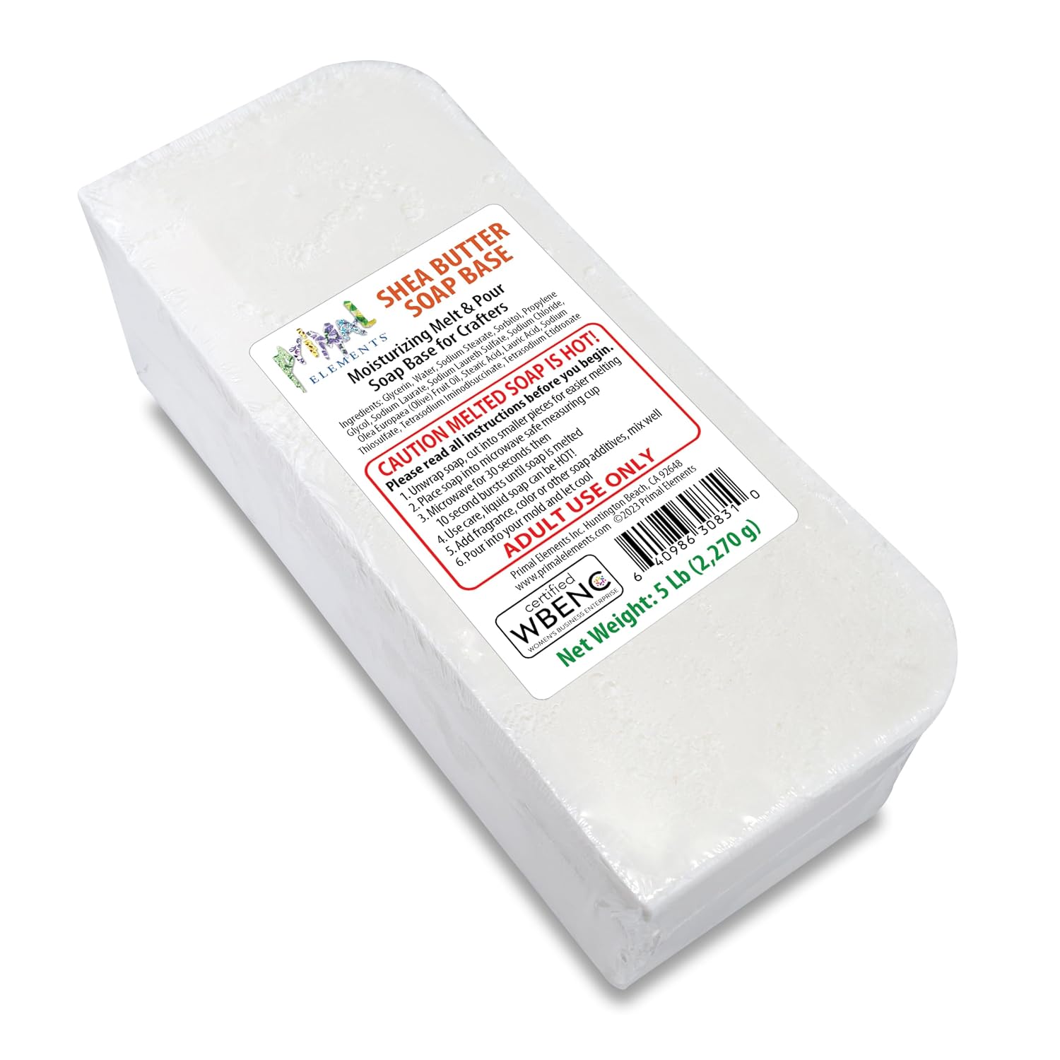 Primal Elements Shea Butter - Moisturizing Melt and Pour Glycerin Soap Base for Crafting and Soap Making, Vegan, Cruelty Free, Easy to Cut - 5 Pound