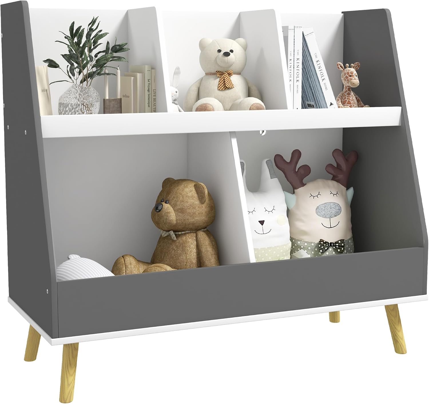 Qaba Kids Bookcase Toy Shelf, 2 Tier Toddlers Toy Storage Shelf with 5 Compartments, Anti-tip Device, Pine Wood Legs for Nursery, Playroom, Classroom, Gray