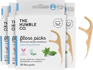 The Humble Co. Floss Picks (200 Count) – Plant Based Dental Floss Picks for Superior Oral Care, Dental Hygiene, and Gum Health, Cruelty Free Tooth Floss Picks (Mint, Double Thread)