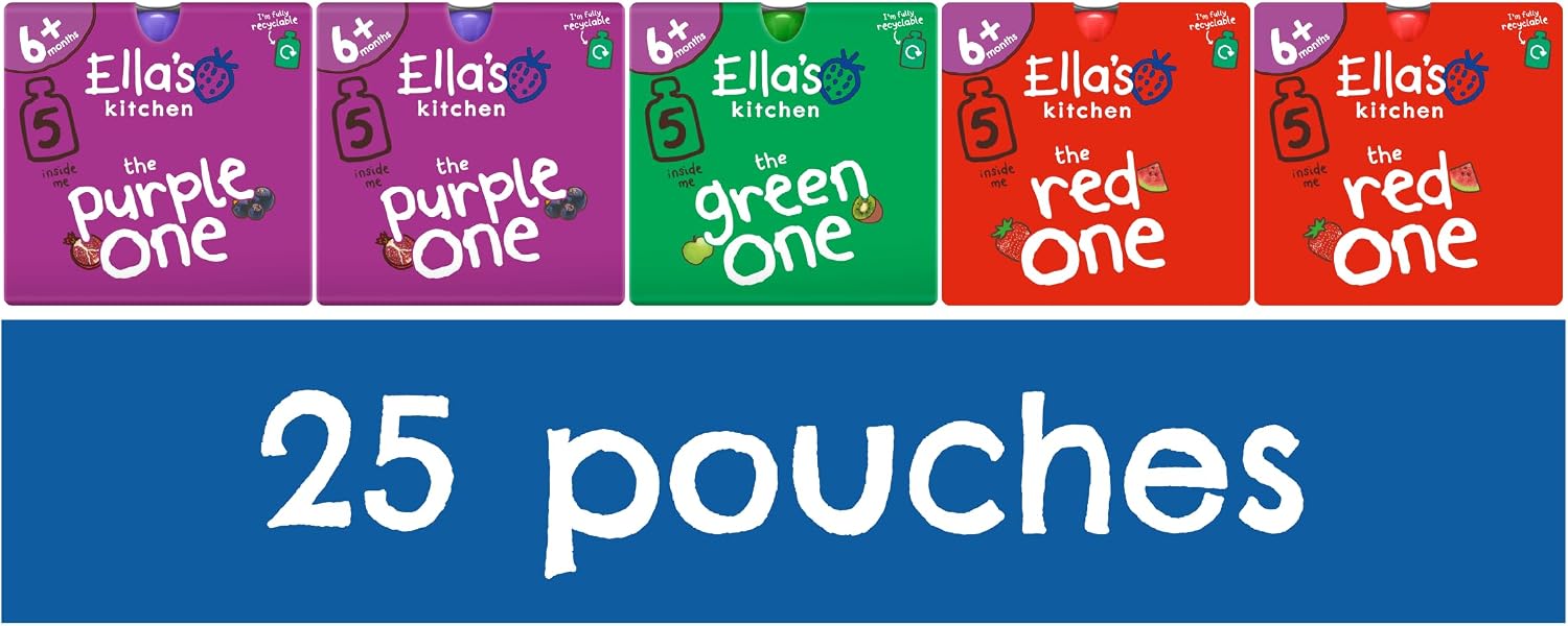 Ella's Kitchen Organic Fruit Smoothie Assortment, Pack of 25 Pouches (10 x Red, 10 x Purple, 5 x Green)