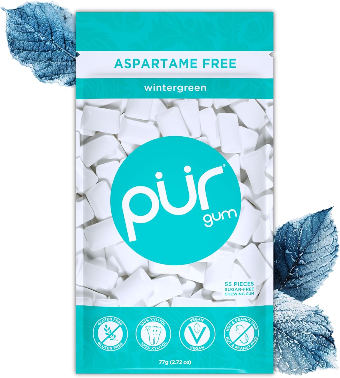 PUR Gum | Sugar Free Chewing Gum | Made with Xylitol | Vegan, Aspartame Free, Gluten Free & Keto Friendly | Natural Wintergreen Flavoured Gum, 55 Pieces (Pack of 1)