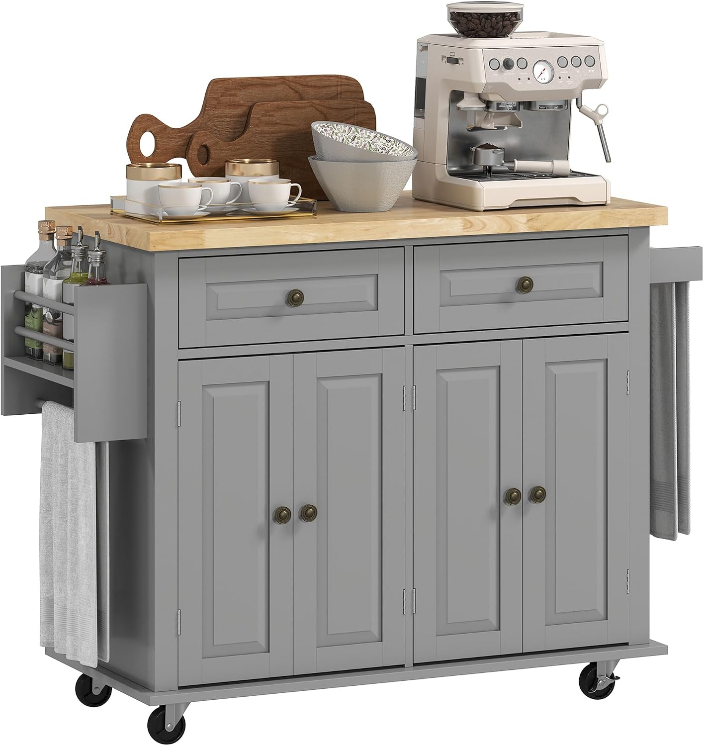 HOMCOM Kitchen Island Cart with Rubber Wood Top, Rolling Kitchen Island Table on Wheels with Drawers, Adjustable Shelves, Spice Rack and Towel Rack for Dining Room, Gray
