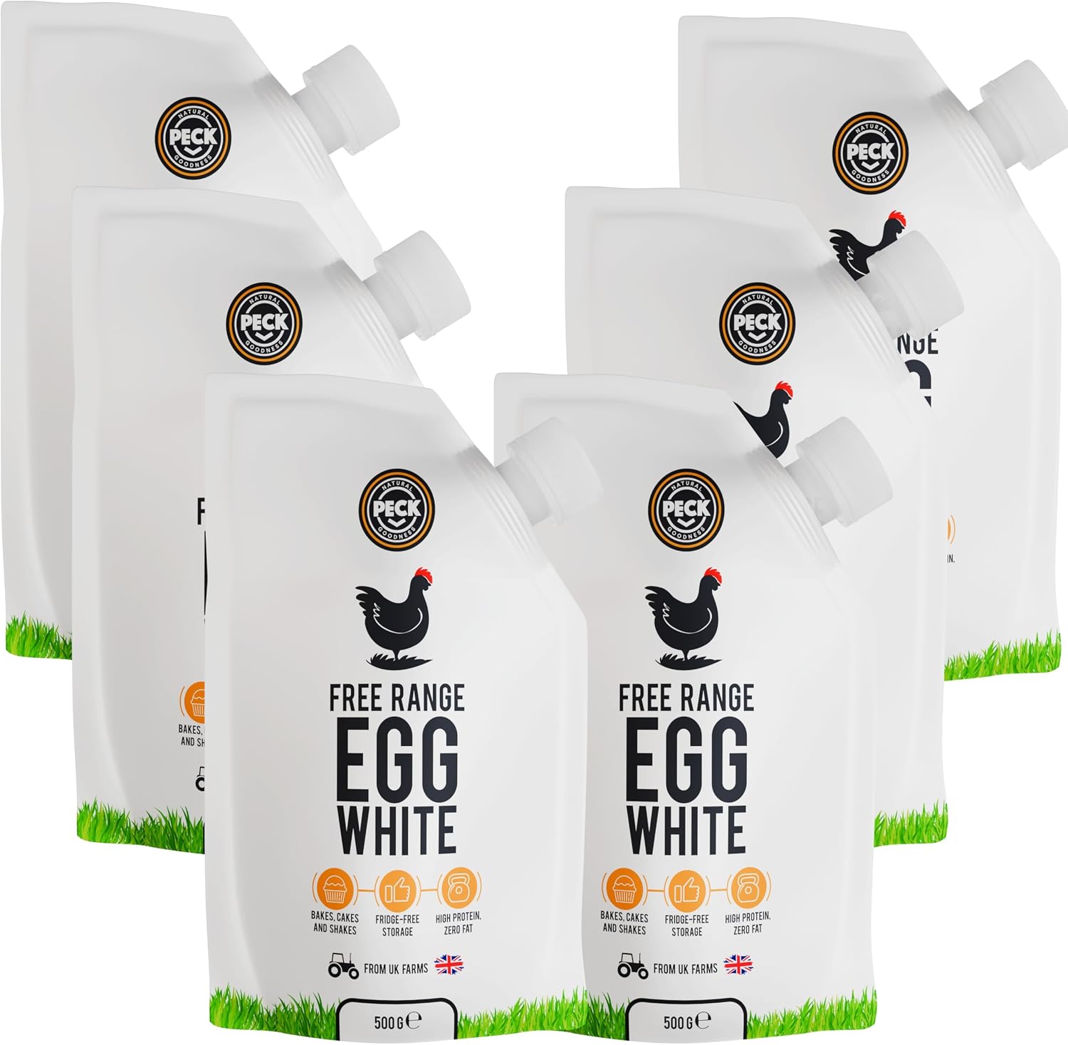 Peck Free Range Egg Whites Liquid 6 x 500ml Pouches | 15 UK Free Range Egg Whites Per Pouch | from UK Farms & in a Resealable Pouch | High Protein | for Baking, Shakes, Omelettes & Cocktails