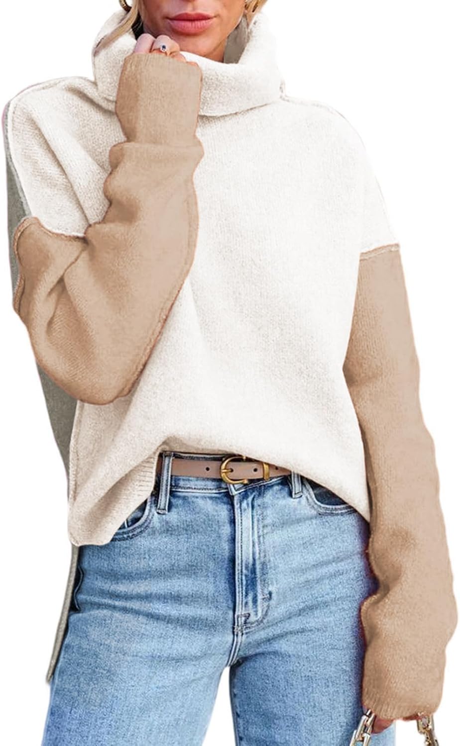 Dokotoo Womens Turtleneck Sweaters Casual Long Sleeve Color Block Side Slit Pullover Knit Jumper Tops