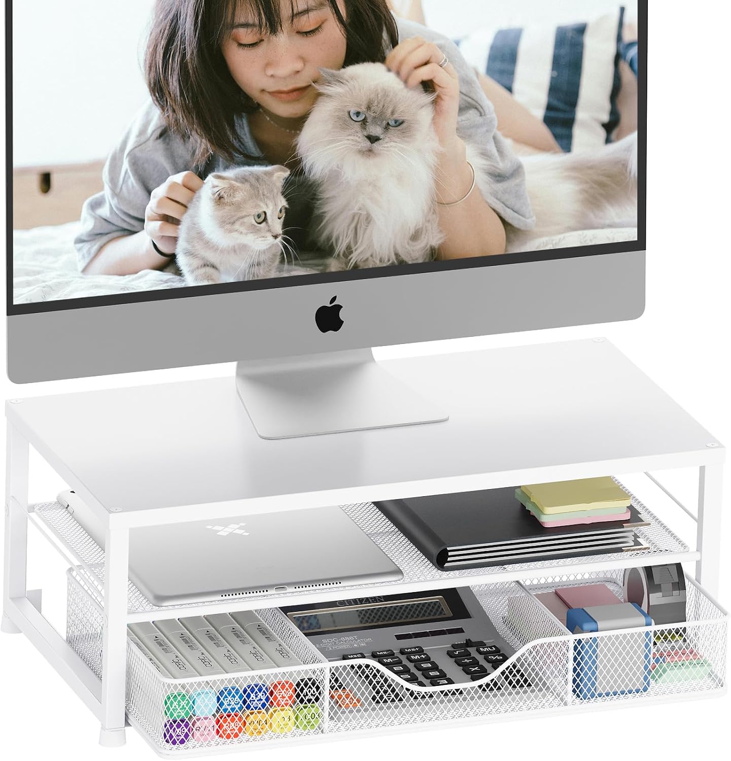 Desk Organizers and Accessories, 2-Tier Computer Monitor Stand Riser for Desk Organizer with Drawer, Desktop Workspace Organizer & Office Desk Computer Accessories for Office Supplies(White)