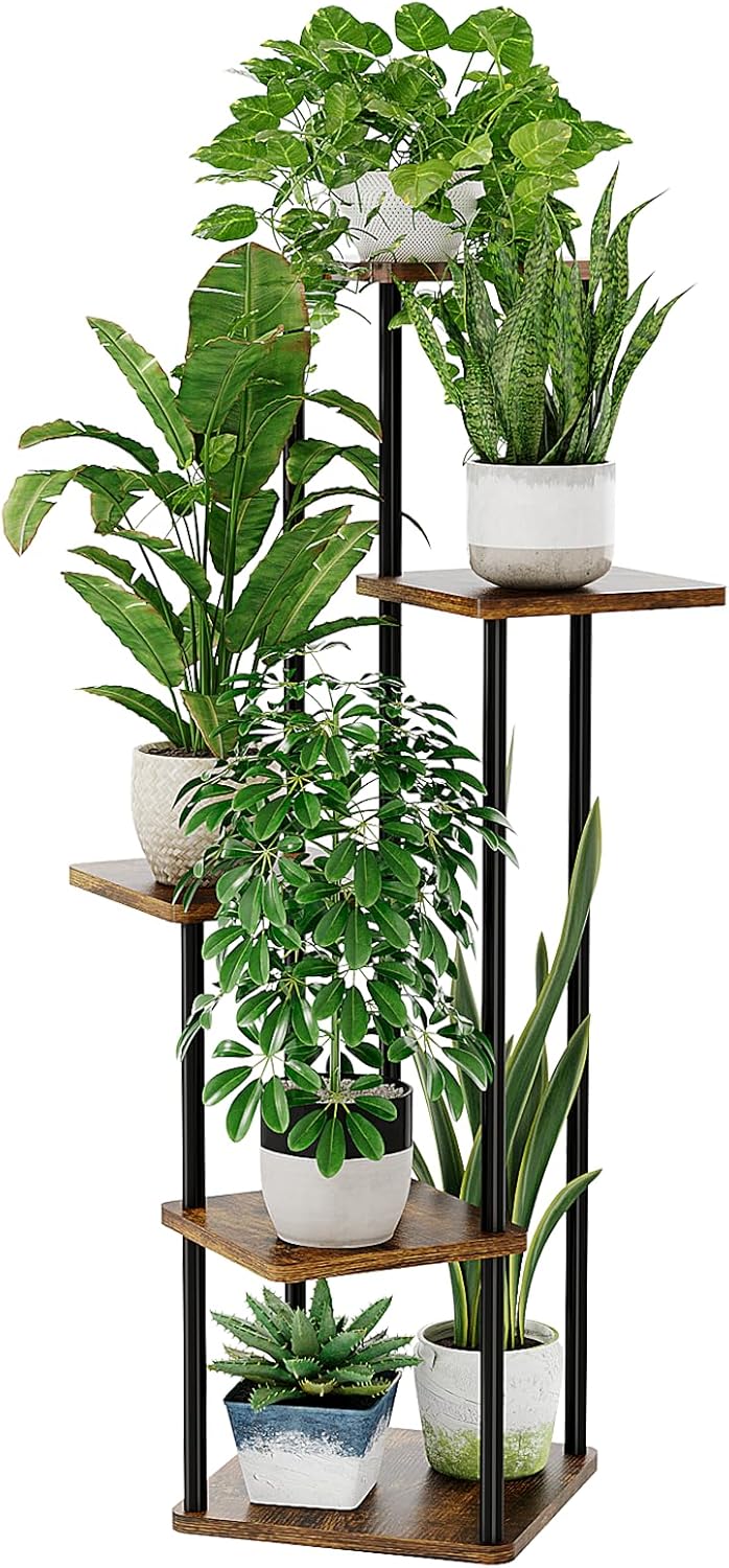 Bamworld Plant Stand Indoor Plant Shelf Outdoor Wood Plant Rack for Multiple Plants 5 Tiers Ladder Plant Holder for Living Room Patio Boho Home Decor for Gardening