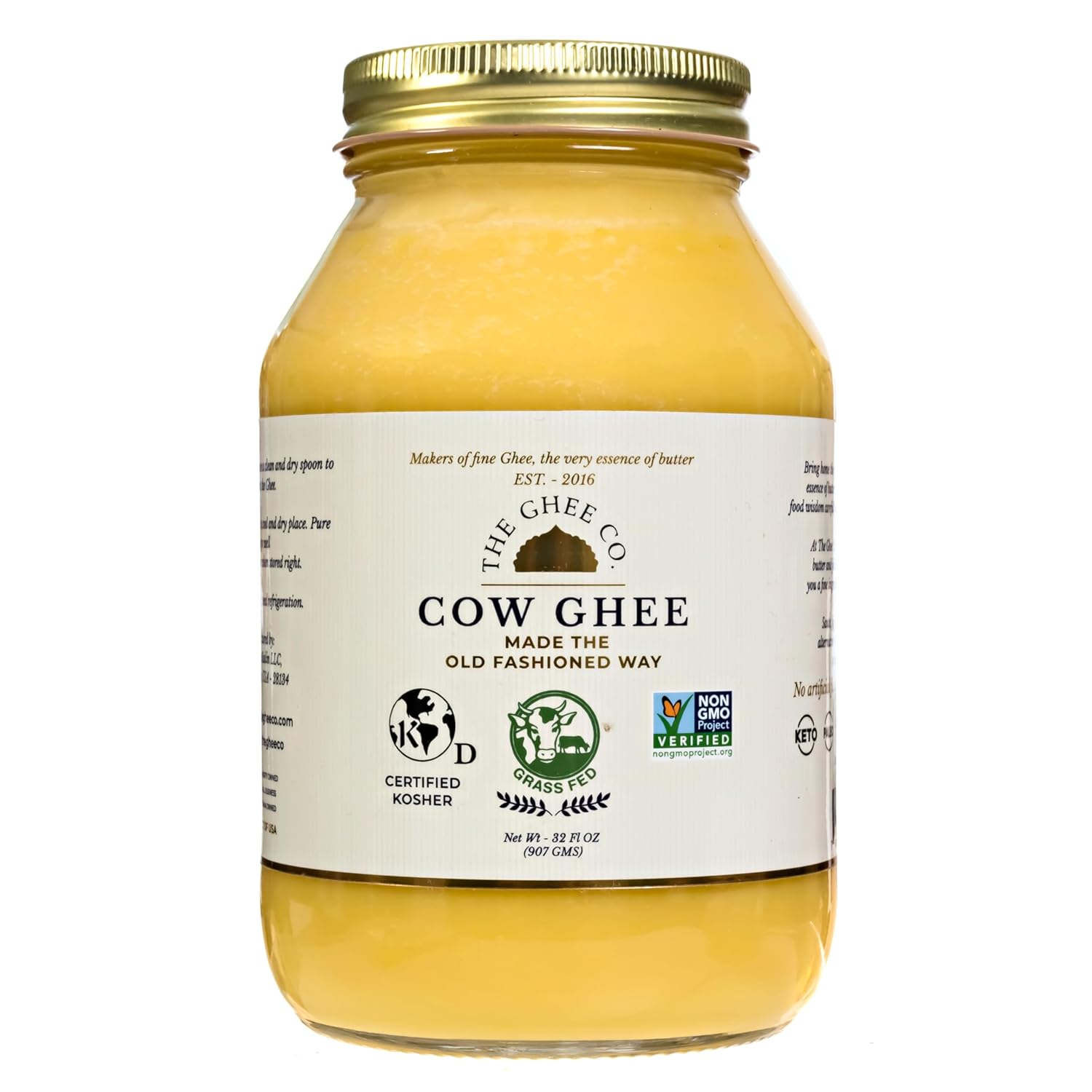 The Ghee Co. - 32 Fl Oz, Grass Fed Ghee, Non GMO, Kosher and Halal, Paleo & Keto friendly, Lactose & Casein Free, Made homestyle, Glass jar