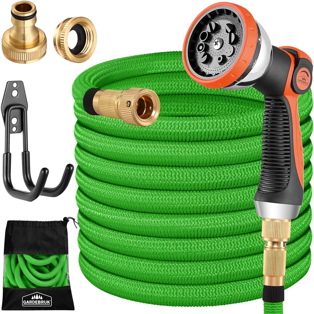 GARDEBRUK® Garden Hose Pipe | 7.5m Gardening Flexi Hose | Latex Core | Solid Brass Connections ¼' ¾ 'Inch Adapter | Includes Bag & Wall Mount Bracket | 8-Way Adjustable Spray Gun | Green