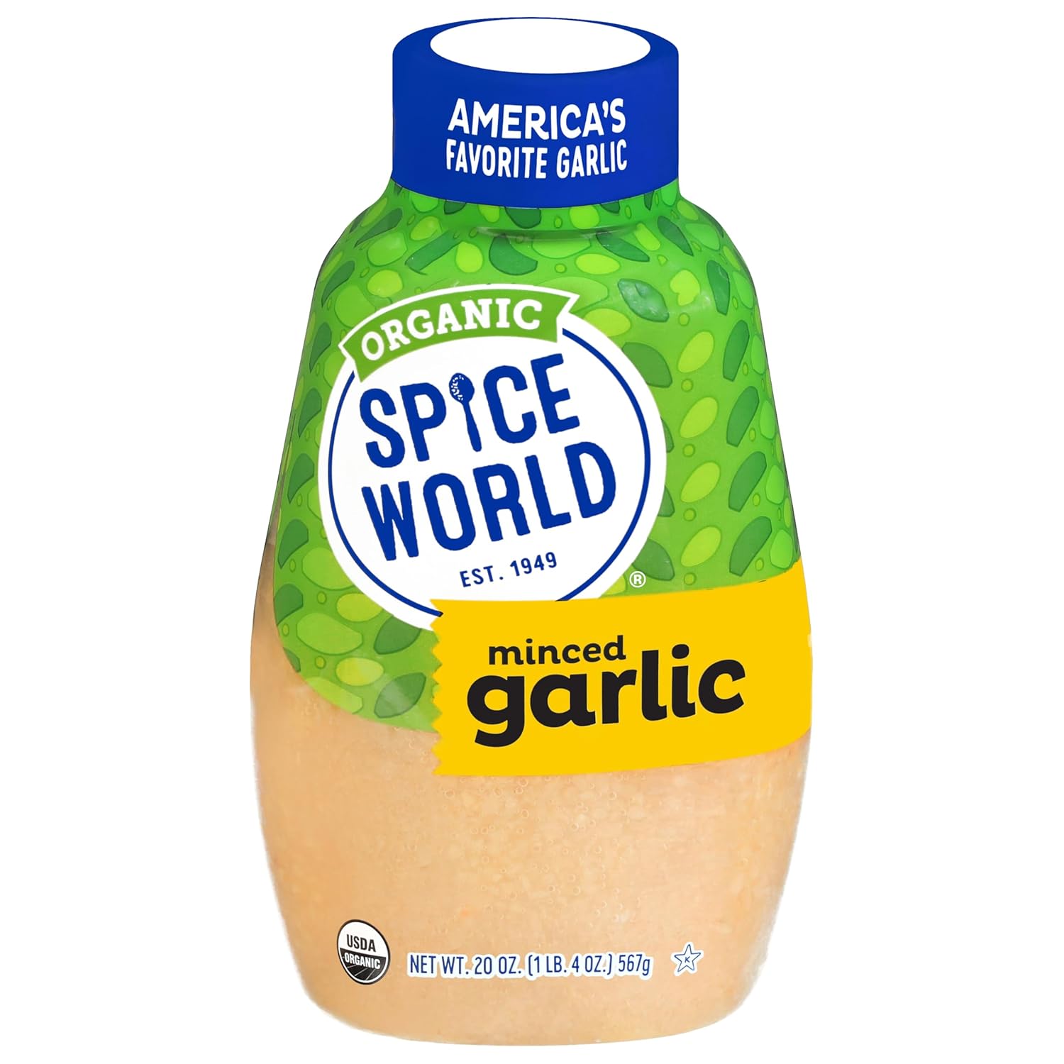 Spice World Squeezable Organic Minced Garlic – Value 20oz Container, USDA Certified Organic Garlic with Non-GMO Ingredients – Ready-to-Use Seasonings for Cooking in Convenient Squeeze Bottle