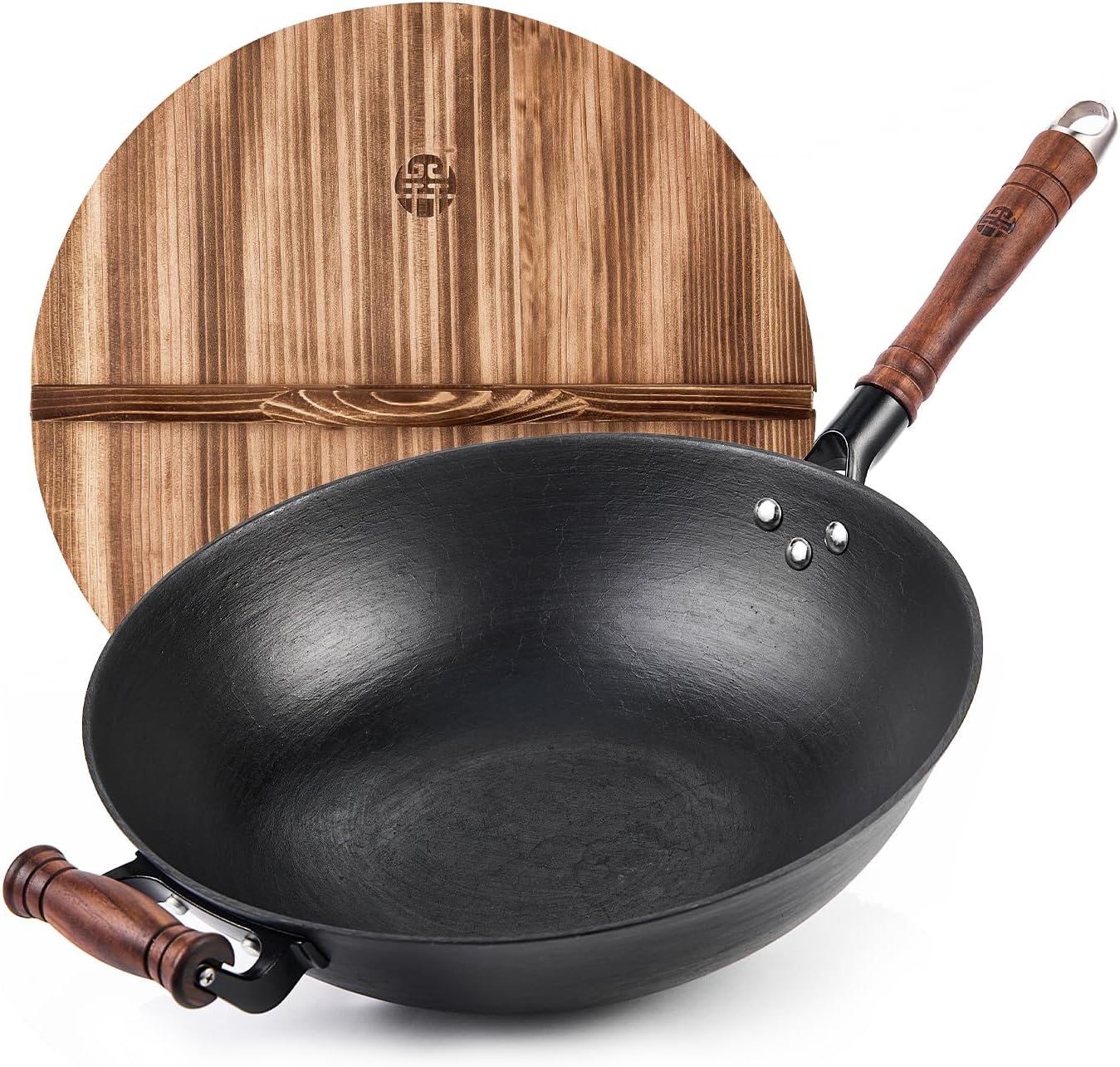 WANGYUANJI Cast Iron Wok,13.4" Craft Wok Chinese Wok,Flat Bottom Iron Woks with Lid,Fry Pan Suitable for Induction, Electric, Gas, Halogen All Stoves-Black