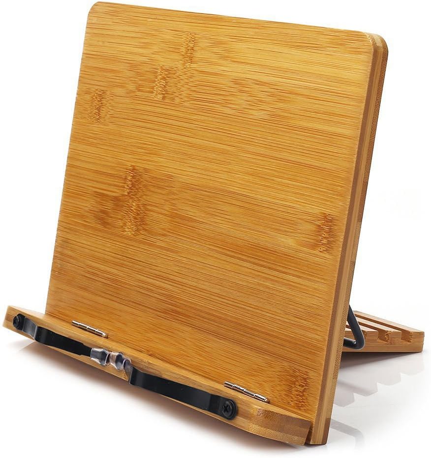 wishacc Bamboo Book Stand, Adjustable Book Holder Tray and Page Paper Clips-Cookbook Reading Desk Portable Stable Hard-Wearing Lightweight Bookstand-Textbooks Books