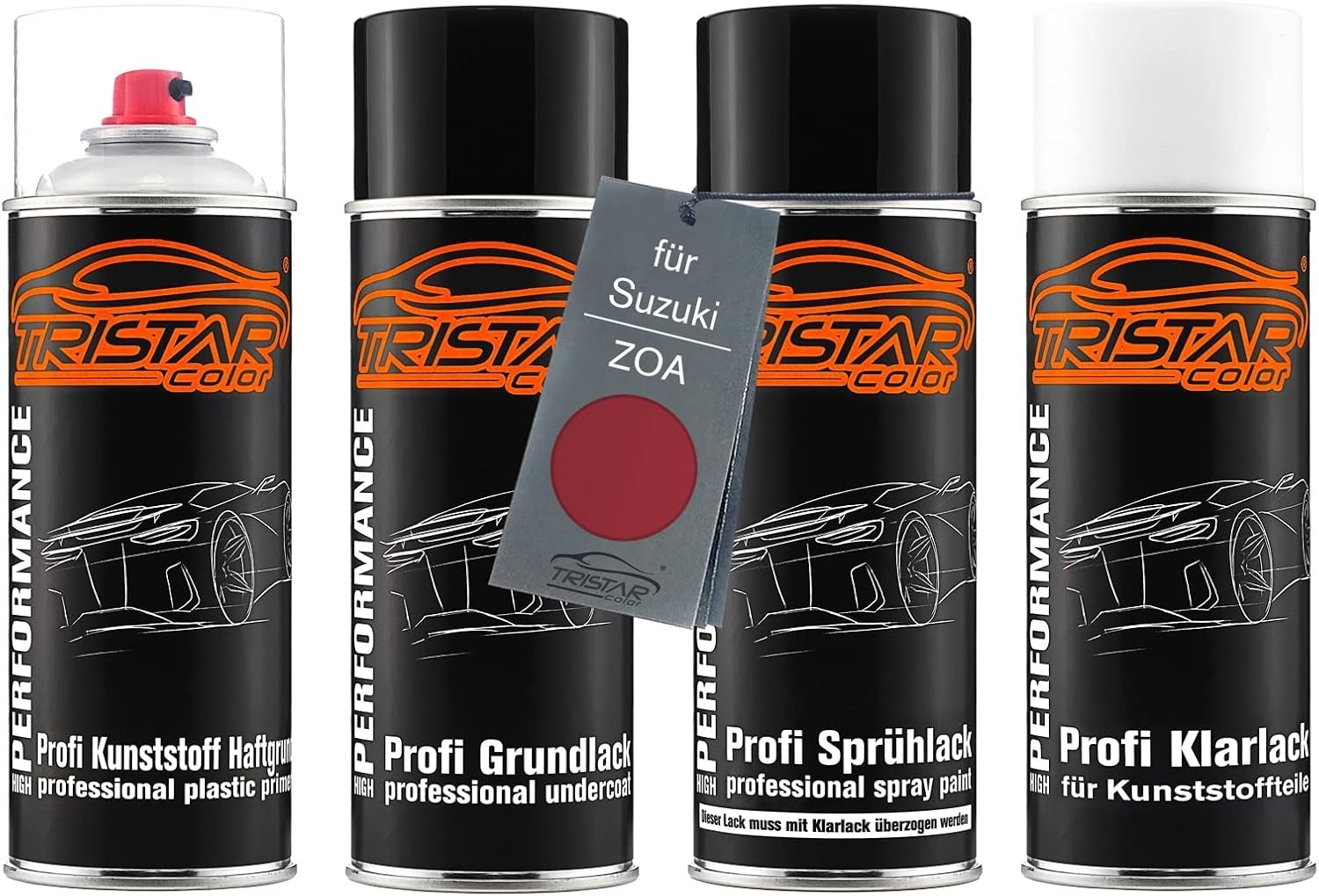 TRISTARcolor Car paint Spray can set for plastic bumper for Suzuki ZOA Toreador Red Perl Metallic Primer under coat base coat clear coat with plasticizer spray can