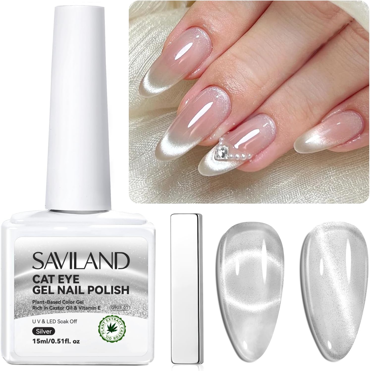 Saviland 15ML Cat Eye Gel Nail Polish: Magnetic Gel Nail Polish with Magnet Castor Oil Vitamin E Reflective Shining Cat Eye Gel Polish Soak Off UV LED Nail Polish for Nail Art Home DIY Salon (Silver)