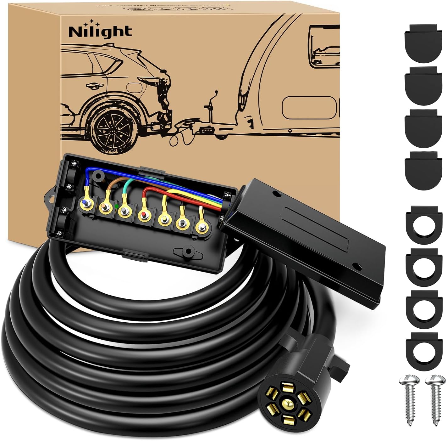 Nilight Heavy Duty 7 Way Inline Trailer Plug with 7 Gang Weatherproof Junction Box - 12 Feet Connector Cable Wiring Harness Suitable for RV Automotives Cars