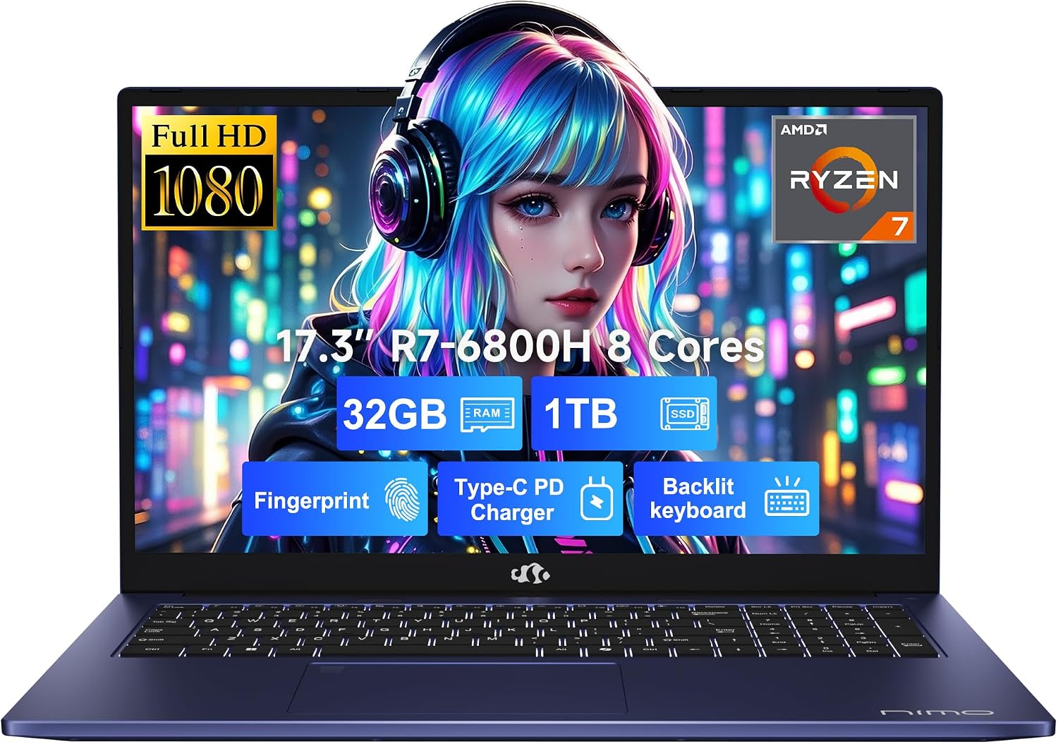 NIMO 17.3" IPS FHD-Gaming-Laptop, 8 Cores AMD Ryzen 7 6800H 32GB DDR5 RAM 1TB SSD (Beat i7-12700H Up to 4.7GHz) AMD Radeon 680M GPU-Computer with 100W Type-C Backlit Keyboard Fingerprint