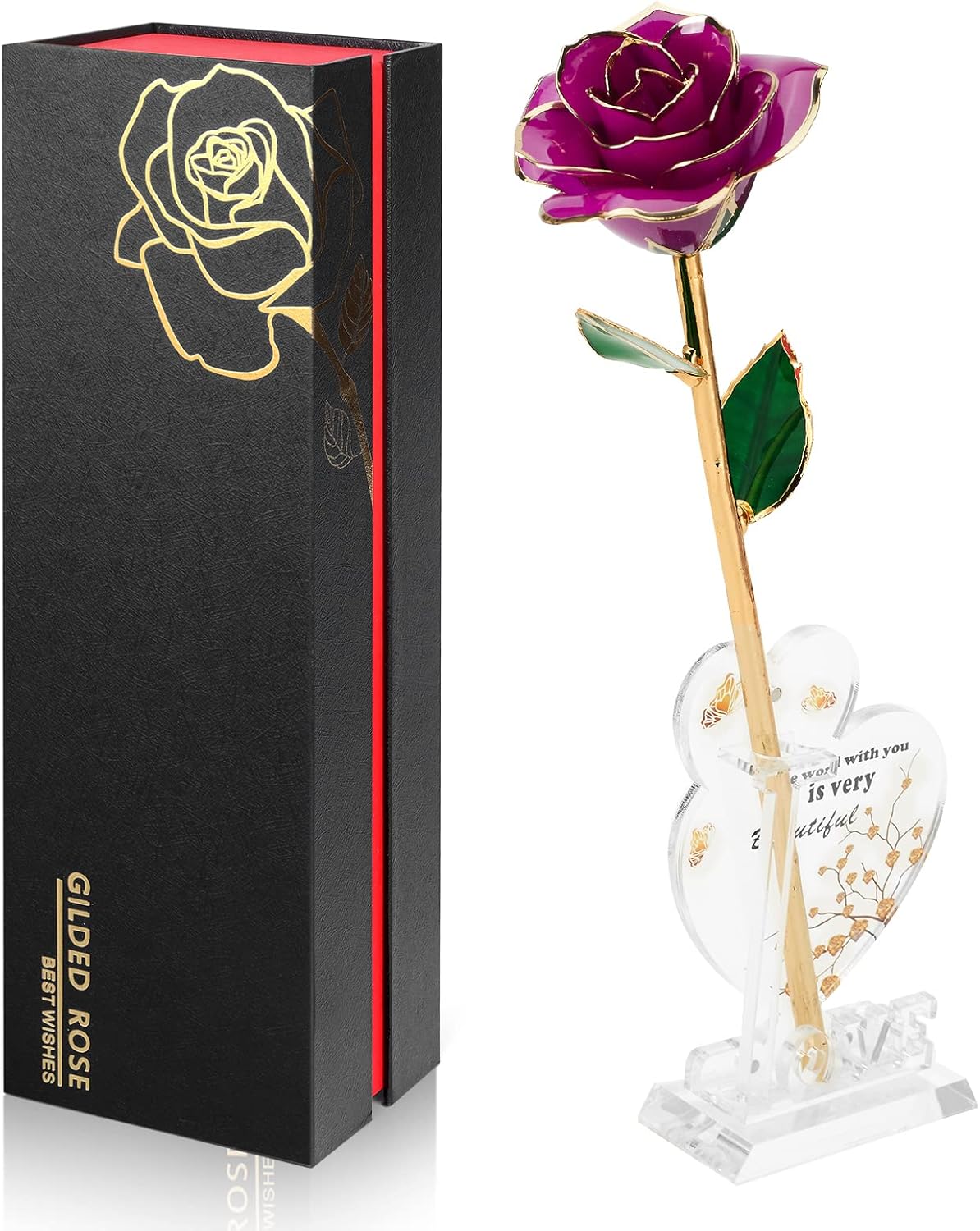 Ariceleo Gold Dipped Infinity Rose Last Forever Flower Decor, Birthday Gift for Women in Her Birthday Valentines Day Mothers Day, Resin Preserved Rose | Anniversary Present for Mom (Purple)
