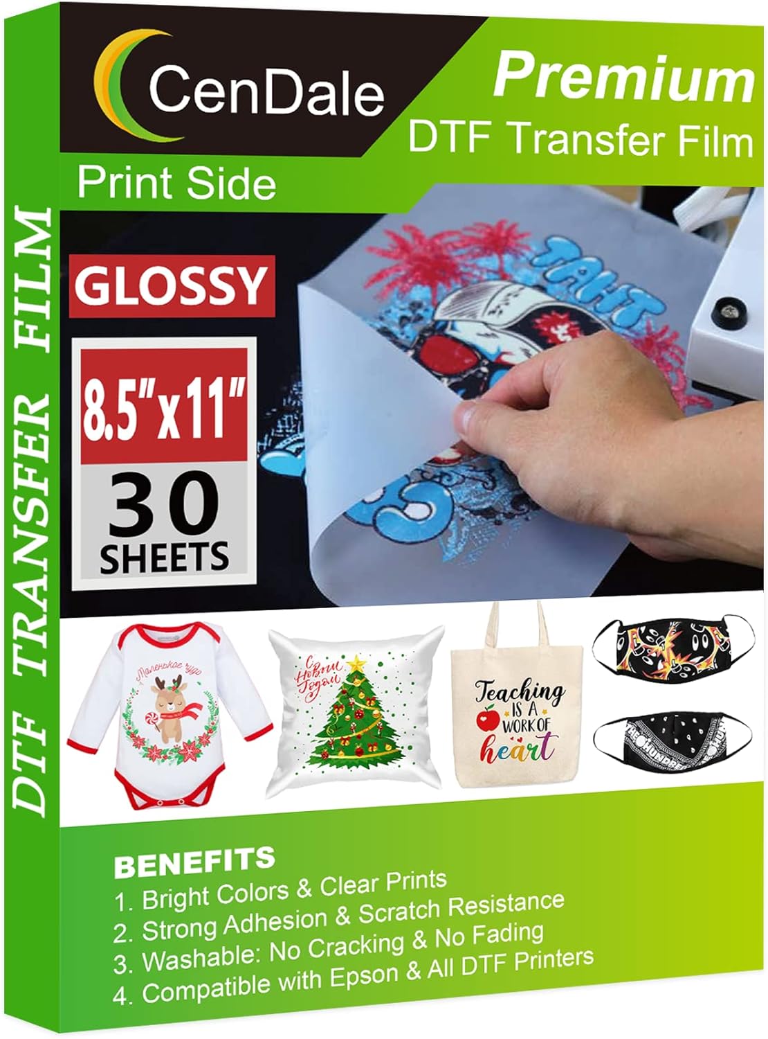 CenDale 𝐏𝐫𝐞𝐦𝐢𝐮𝐦 DTF Transfer Film 8.5"x11" - 30 Sheets Single-Sided 𝐆𝐥𝐨𝐬𝐬𝐲 Clear PreTreat Sheets PET Heat Transfer Paper for DIY Direct Print on All Fabric and Colors T-Shirts Textile