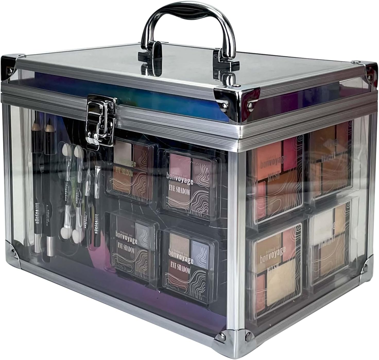 bonvoyage, Makeup Kit with Lipstick, Eyeshadows, Blush, Manicure and Pedicure Set and More, Portable and Lightweight Transparent Case, Colour Delights