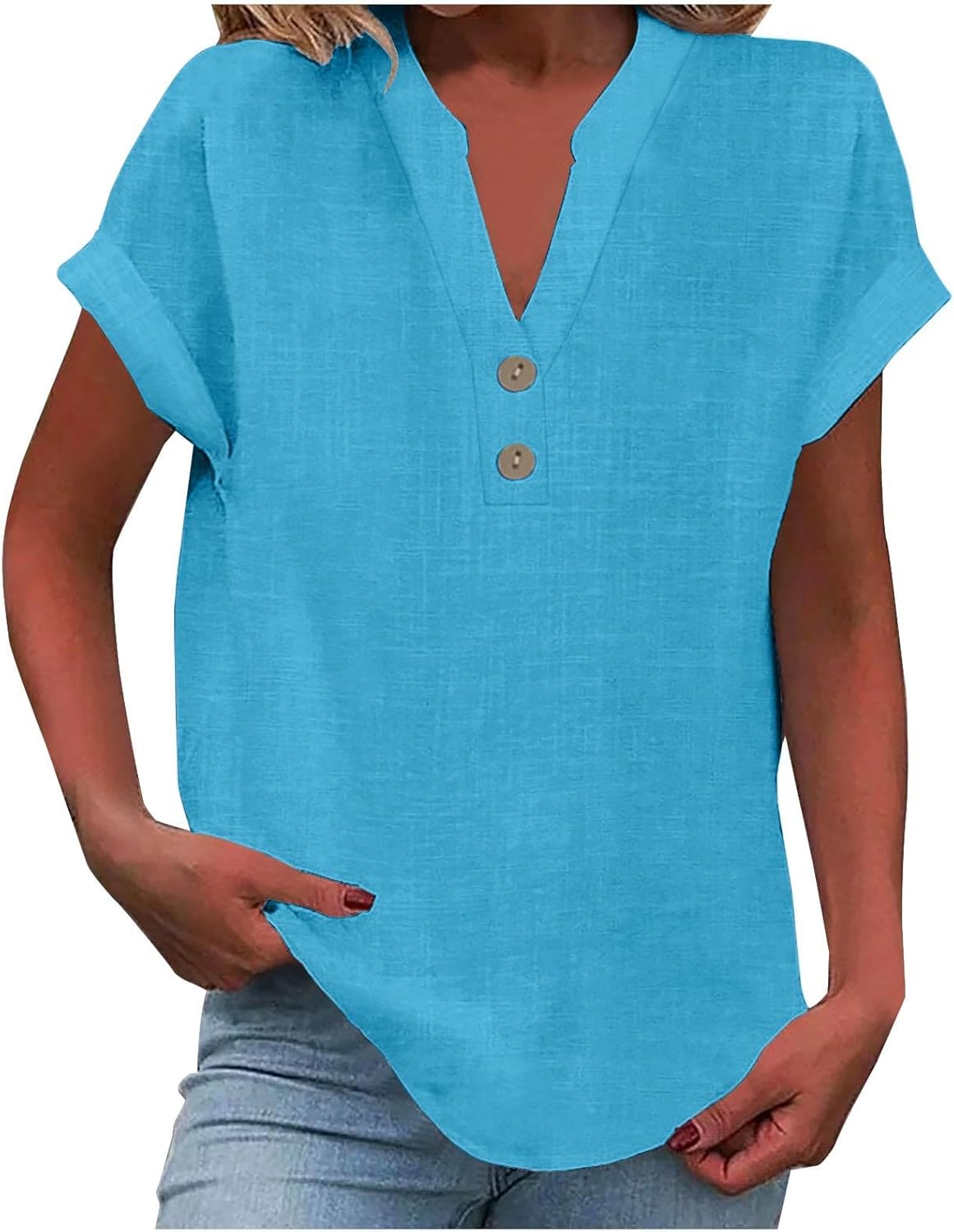 Yinguo Ladies Tops 2025 Women's Summer Cotton Linen Cap Sleeve T-Shirt Button V Neck Tunic Tops Fashion Baggy Solid Plain Casual Shirts Trendy Blouse