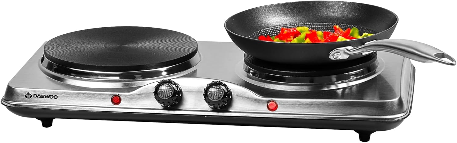 Daewoo Double Hot Plate Electric Hob – 2500W Tabletop Hob with 2 Ring Heating Plates, Portable & Compact – Ideal for Student Living, Camping, Caravans & Emergency Cooking