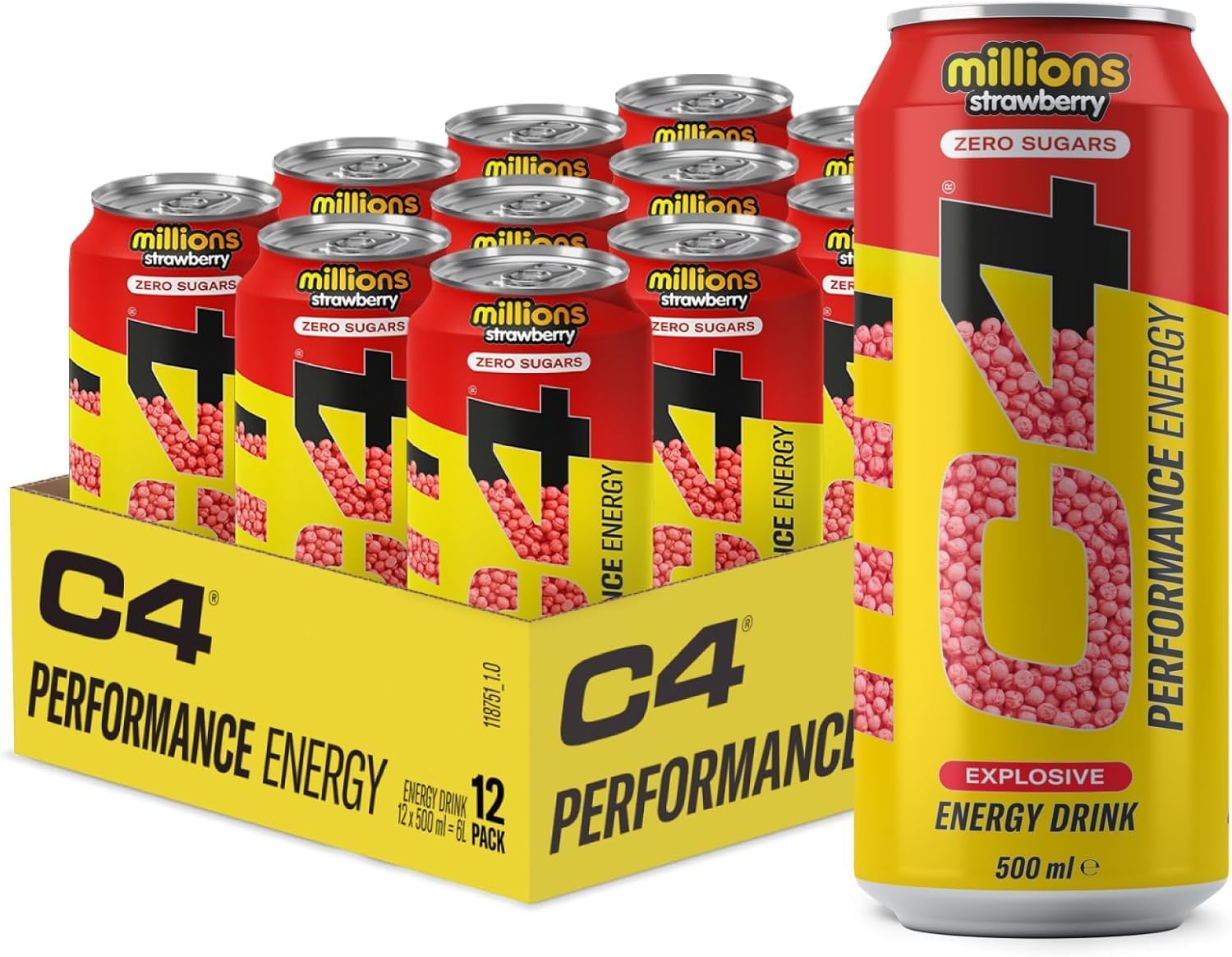 C4 Performance Energy Drinks, Strawberry Millions Flavour, 500ml, 24 Pack