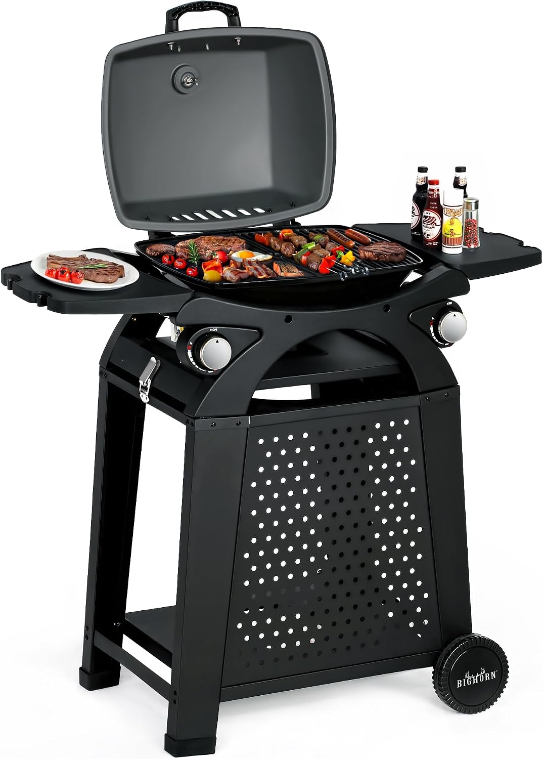 Gas BBQ Portable Outdoor Gas Barbecue Table Top Barbecues BIG HORN OUTDOORS 2 IN 1 Propane Grill with Cart Wheels Side Table for Camping