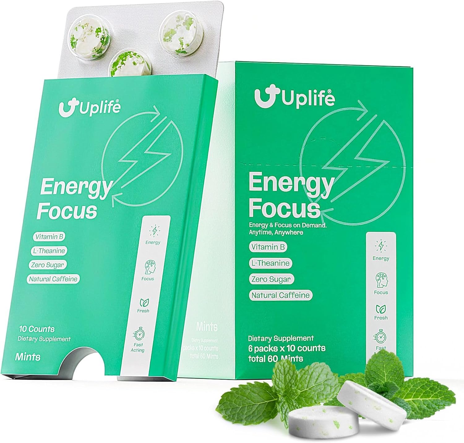Energy + Focus Mints 60 Pieces – Fast-Acting 40 mg Caffeine Gum with 80 mg L-Theanine + Niacin Vitamin B3 & B12 - Sugar Free Mints & 100% Vegan – Fresh Mint for Natural Energy Boost Nootropic