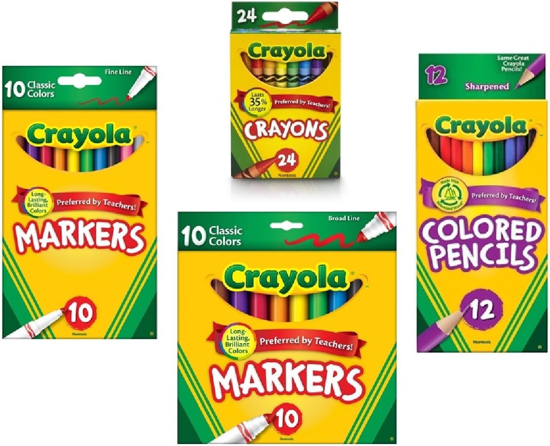 Crayola Crayons (24 Count), Crayola Colored Pencils in Assorted Colors (12 Count), Crayola (10ct) Classic Fine Line Markers, and Crayola (10ct) Classic Broad Line Markers Holiday Bundle